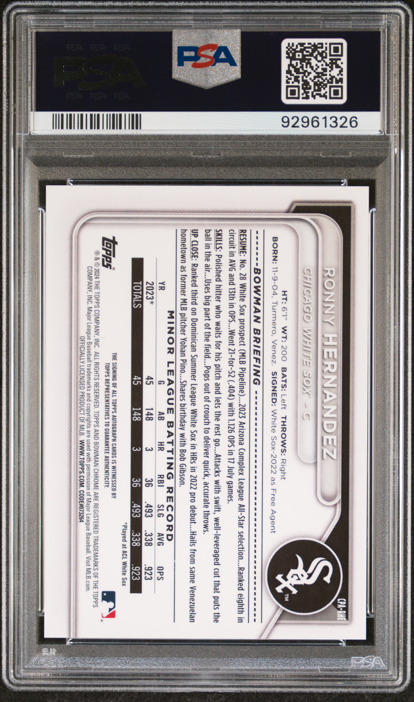 2024 Bowman Chrome Prospect Autographs Ronny Hernandez #Cparhe (Chr Prspct Au-Hta Gld Lava) Mint 9 back