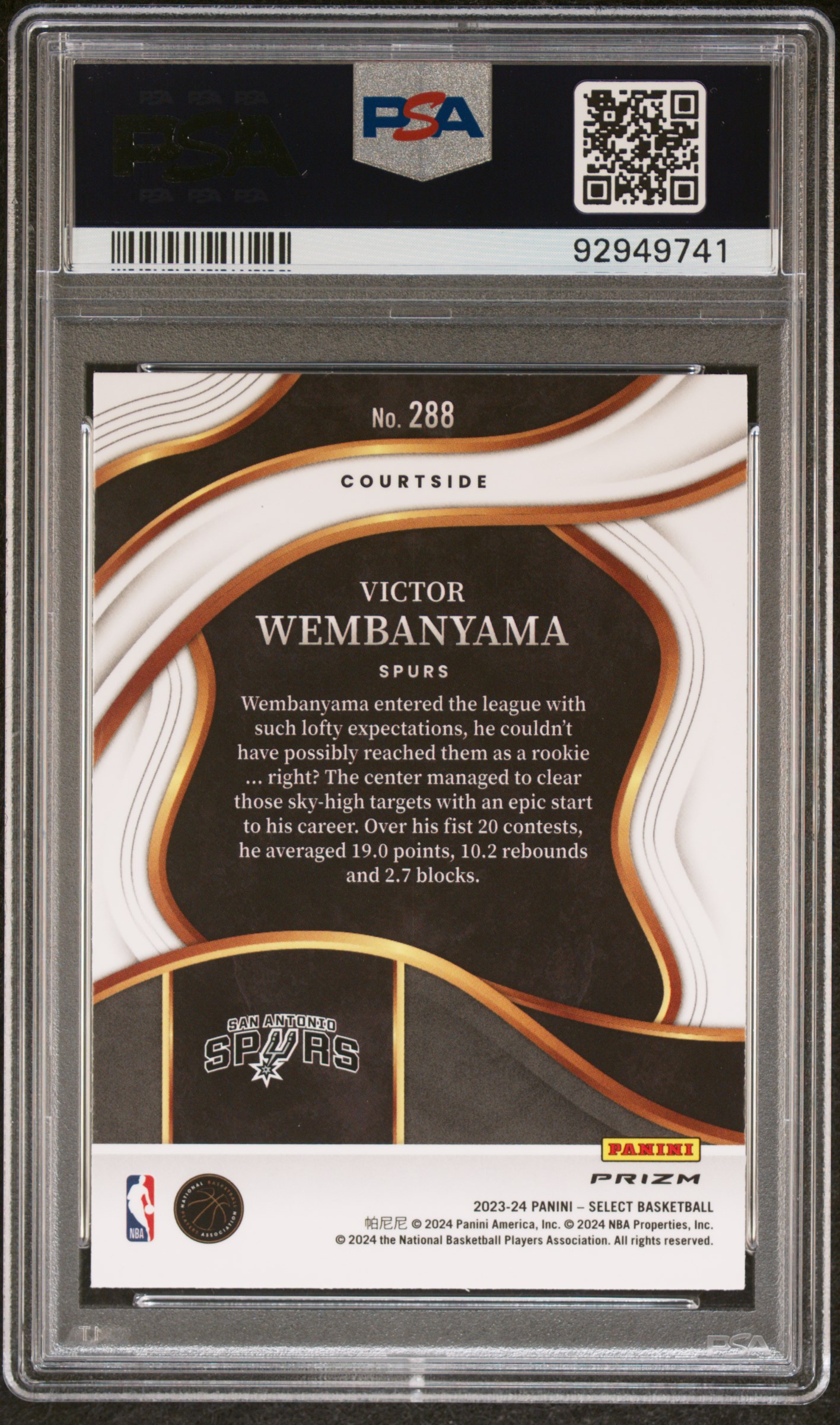 2023 Panini Select Victor Wembanyama #288 (Blue Cracked Ice) Gem Mt 10 back