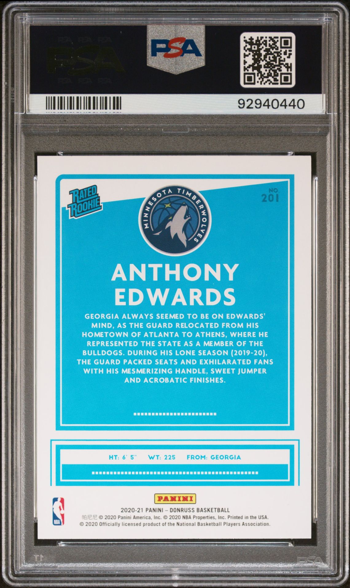 2020 PANINI DONRUSS ANTHONY EDWARDS  201 GEM MT 10 back