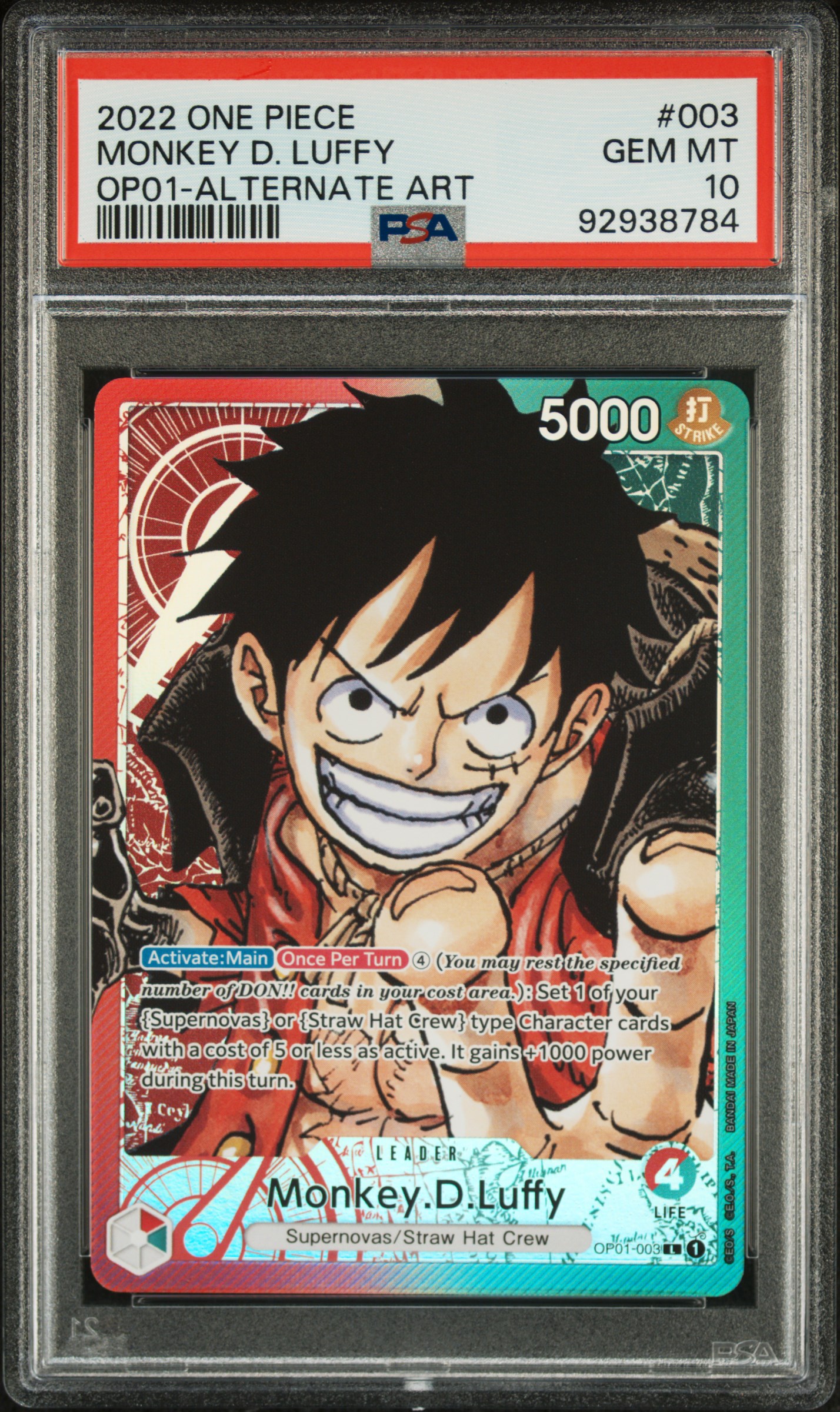 2022 One Piece Romance Dawn Monkey D. Luffy #003 (Op01-Alternate Art) Gem Mt 10 front