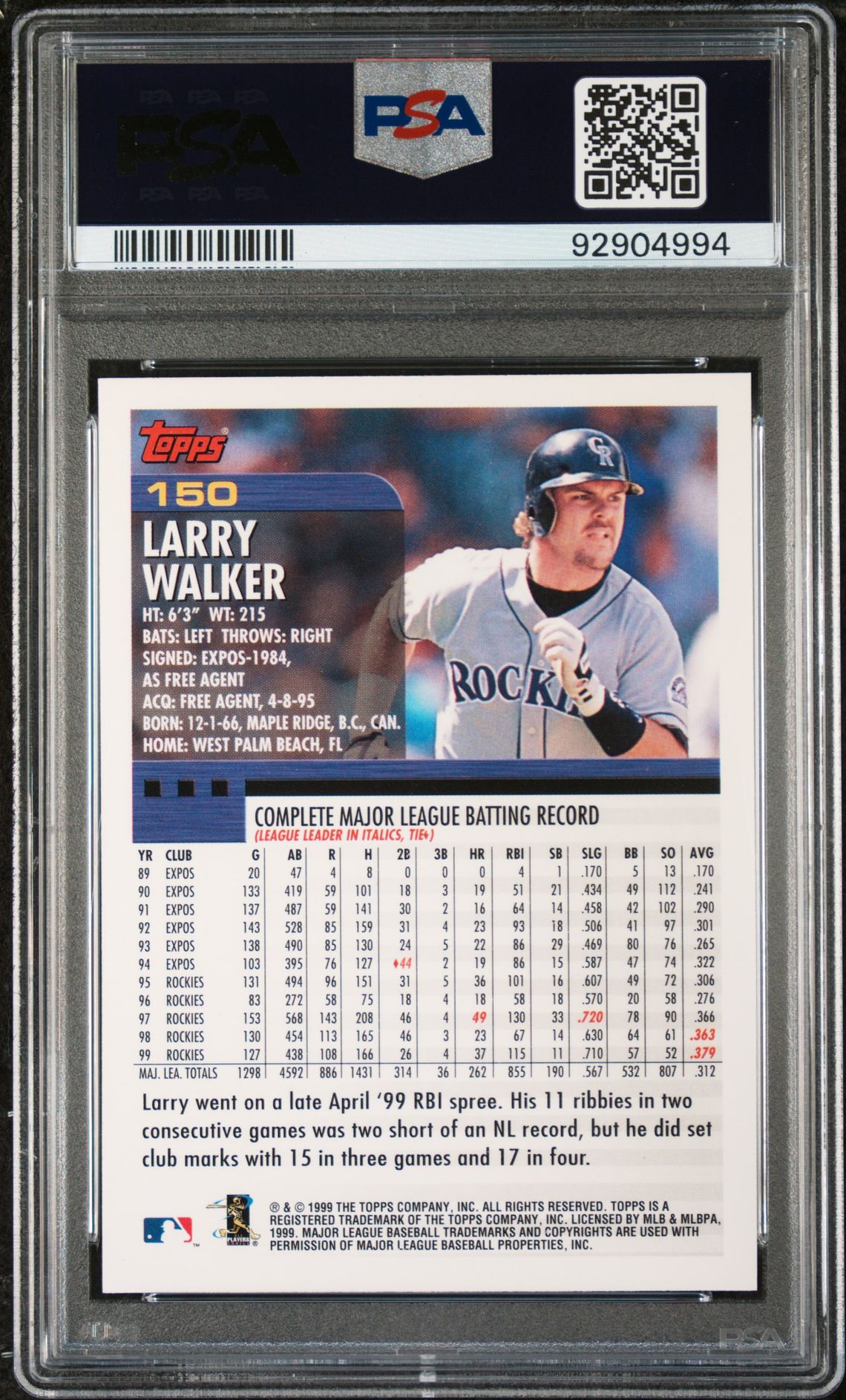 2000 Topps Larry Walker #150 Mint 9 back