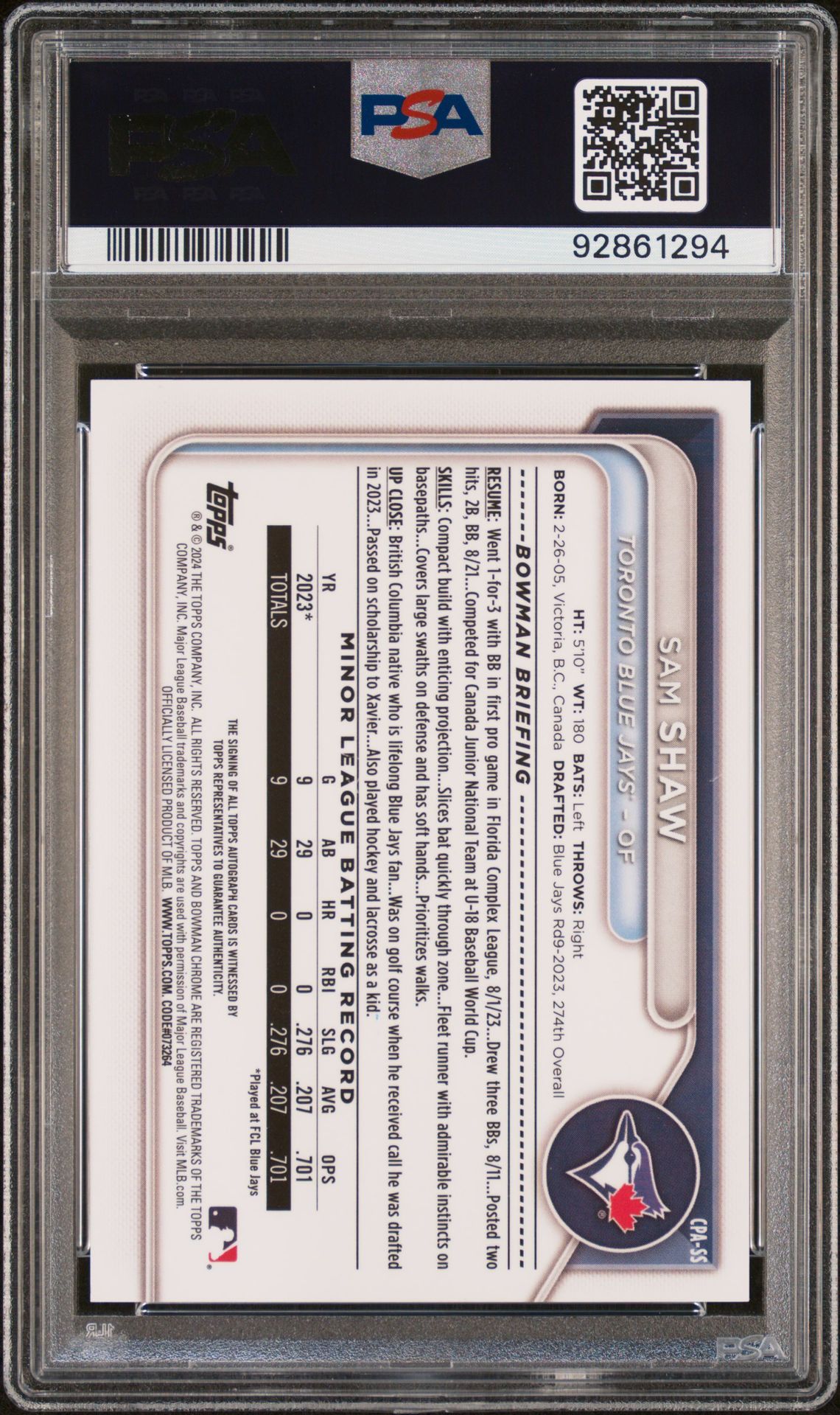 2024 Bowman Chrome Prospect Autographs Sam Shaw #Cpass (Chr Prspct Au-Hta Org Wave) Gem Mt 10 back view - PSA certificate #92861294