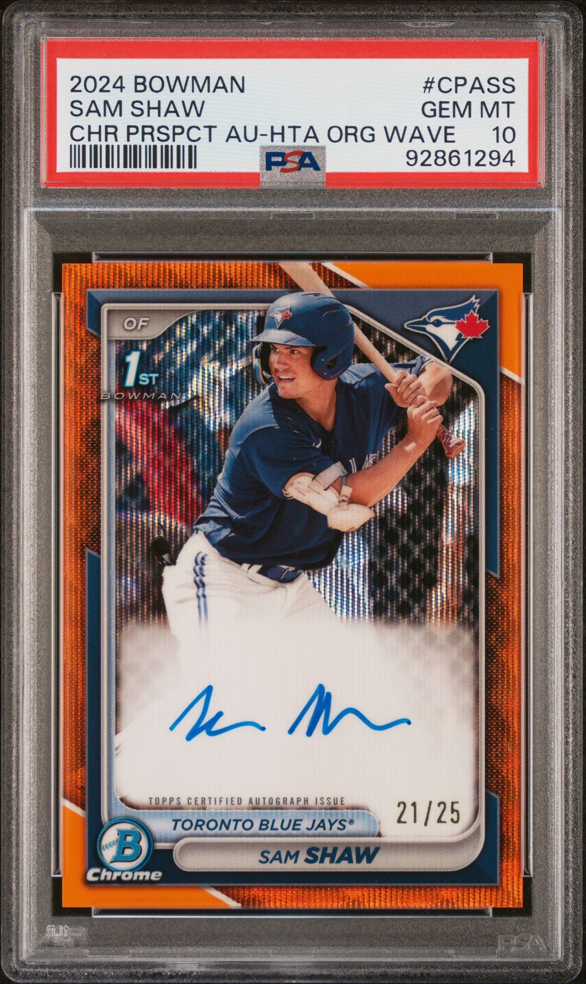 2024 Bowman Chrome Prospect Autographs Sam Shaw #Cpass (Chr Prspct Au-Hta Org Wave) Gem Mt 10 front view - PSA graded GEM MT 10
