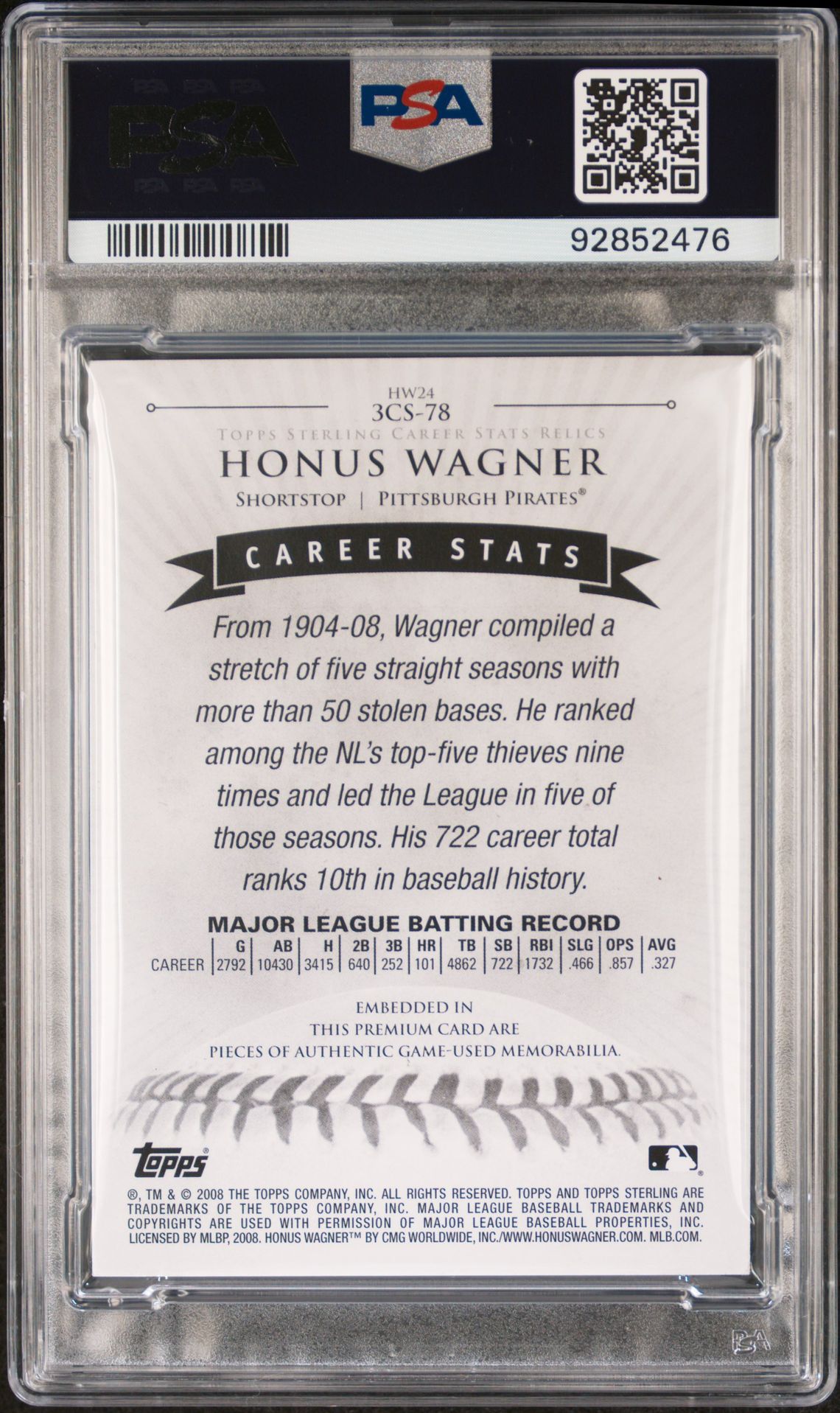 2008 Topps Sterling Career Stats Relics Honus Wagner #78 (Career Stats Relics-Triple) Nm 7 back