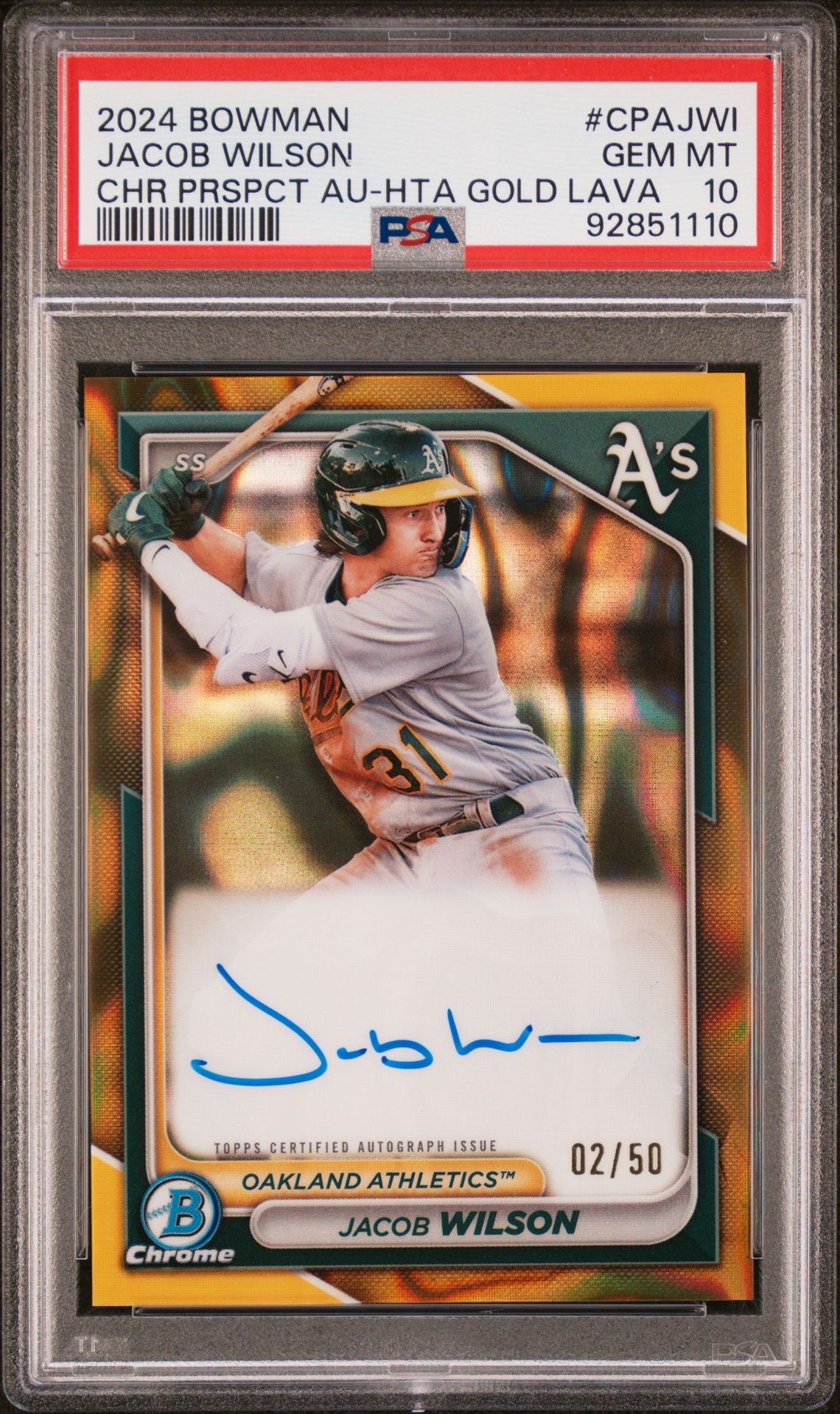 2024 Bowman BOWMAN CHROME PROSPECT AUTOGRAPHS CHR PRSPCT AU-HTA GLD LAVA #CPAJWI Jacob Wilson front