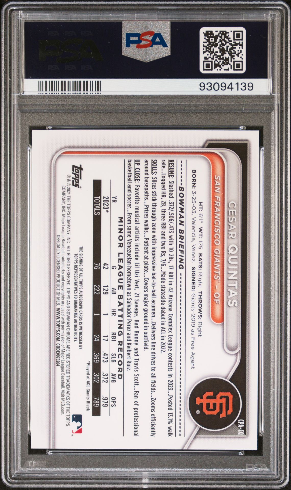 2024 Bowman Chrome Prospect Autographs Cesar Quintas #Cpacq (Chr Prospect Au-Gold Ref) Gem Mt 10 back