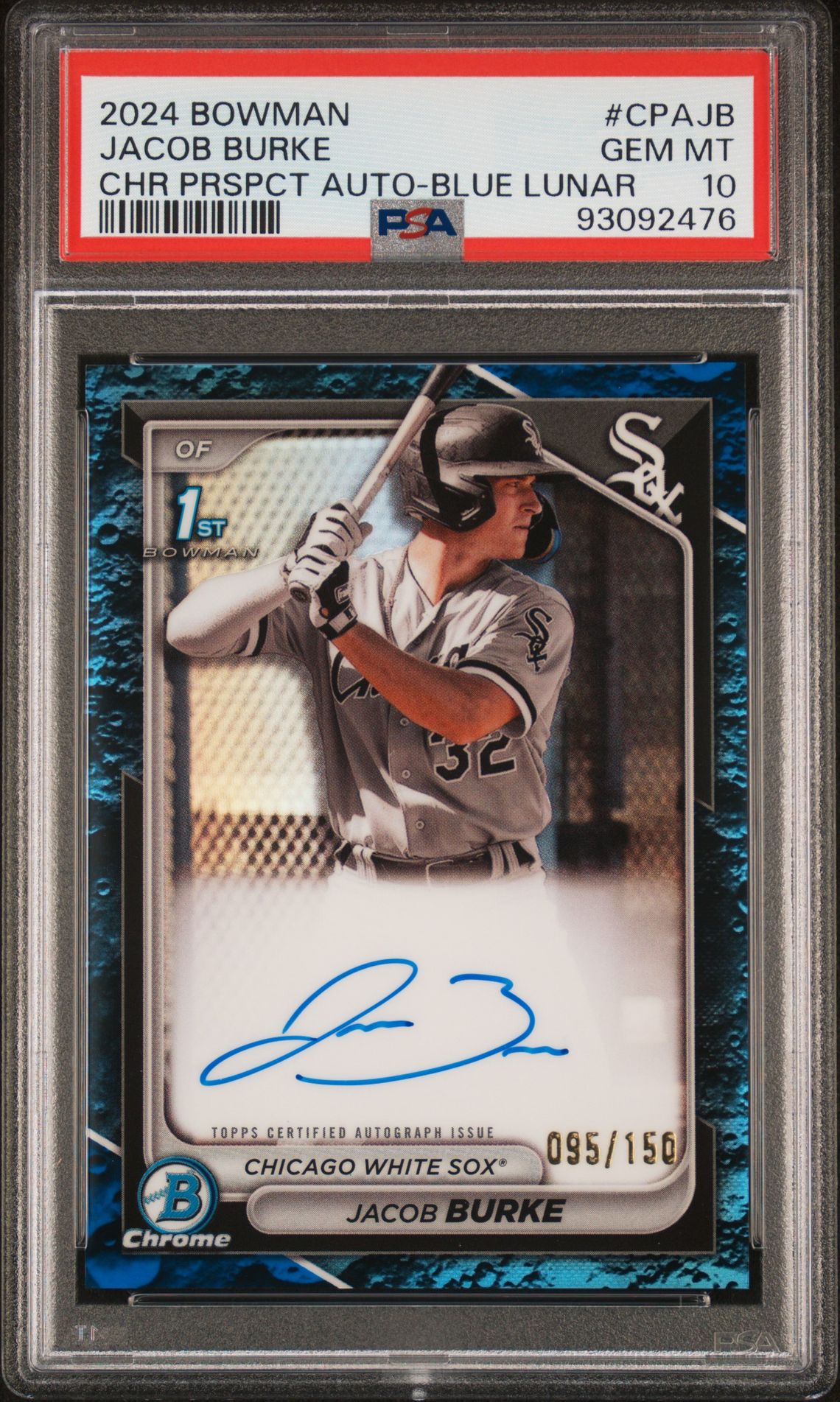 2024 Bowman Chrome Prospect Autographs Jacob Burke #Cpajb (Chr Prspct Au-Blu Lunar Ref) Gem Mt 10 front