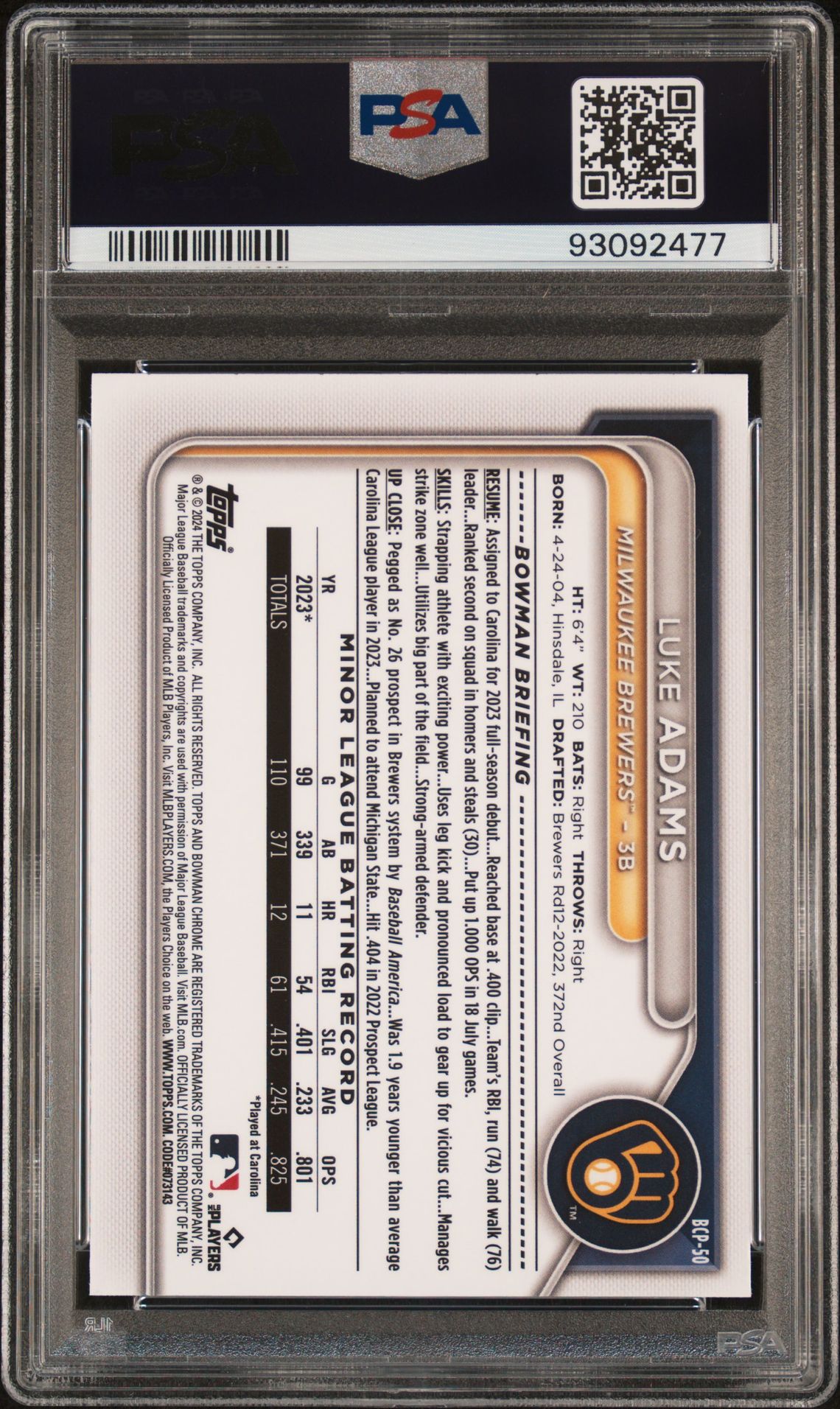 2024 Bowman Chrome Prospects Luke Adams #Bcp50 (Chr Prospects-Orange Ref) Mint 9 back