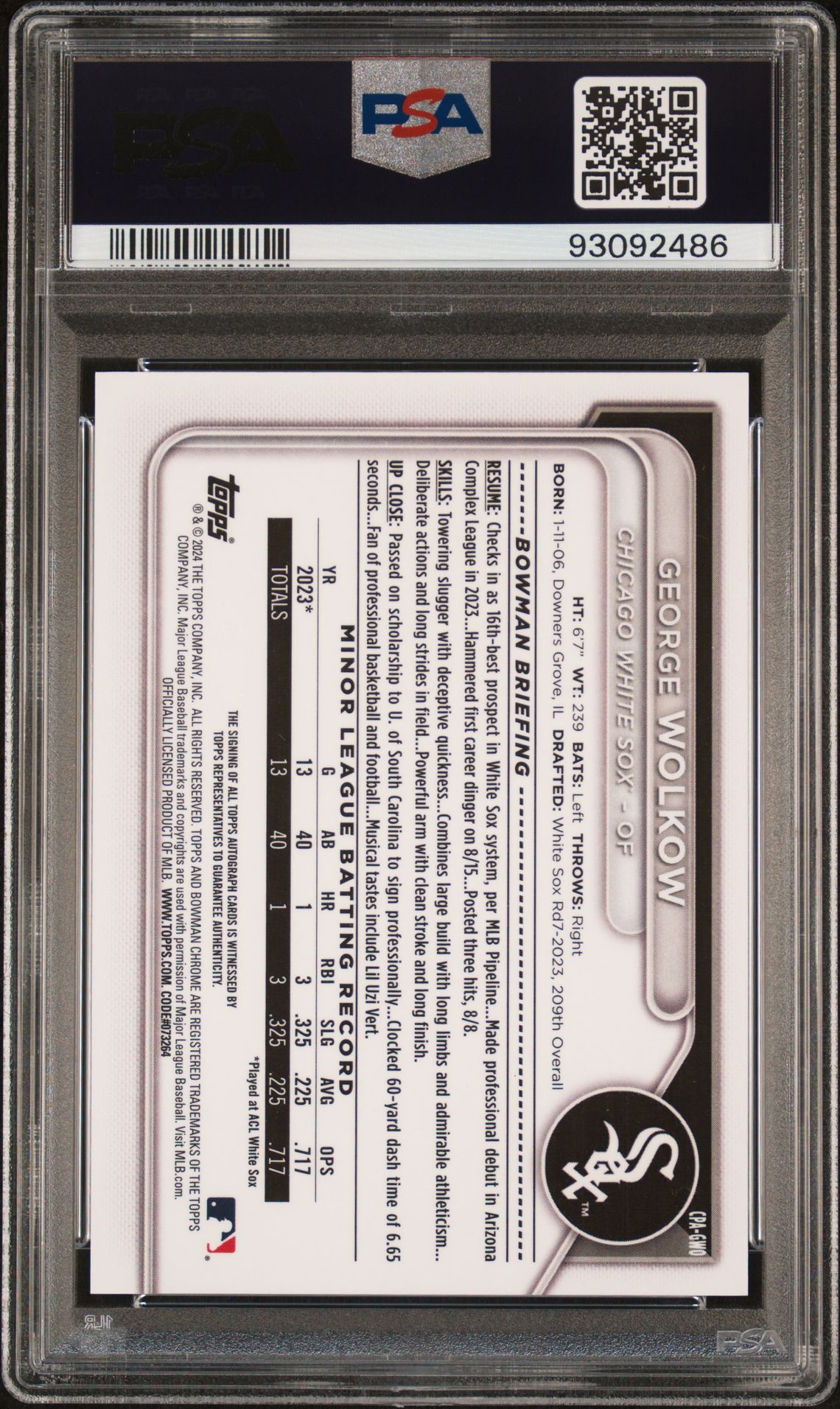 2024 Bowman Chrome Prospect Autographs George Wolkow #Cpagwo (Chr Prspct Au-Hta Choice Ref) Gem Mt 10 back