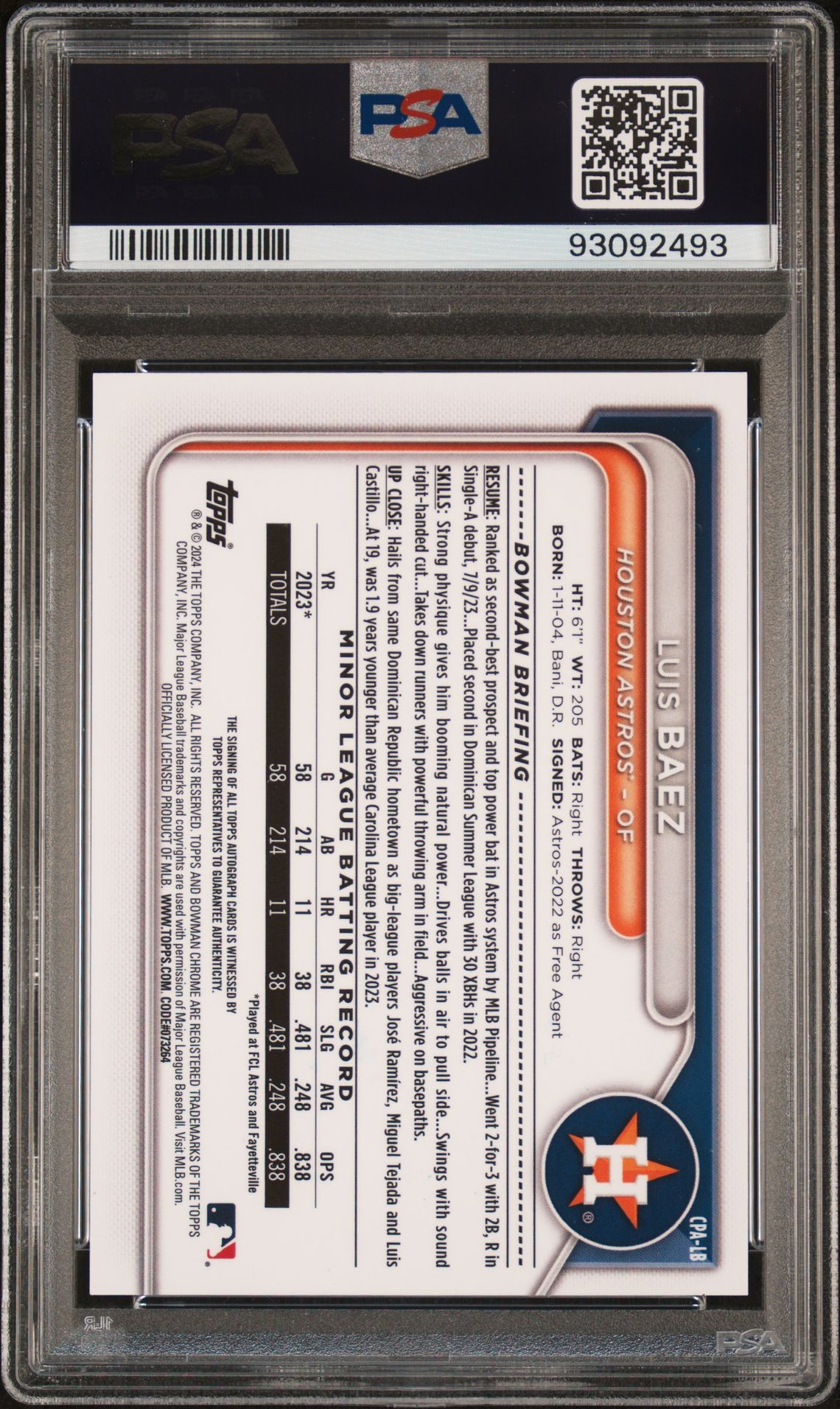 2024 Bowman Chrome Prospect Autographs Luis Baez #Cpalb (Chr Prspct Au-Hta Grn Lava) Gem Mt 10 back