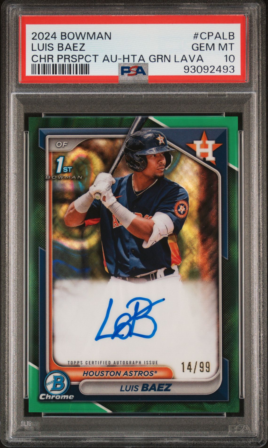 2024 Bowman Chrome Prospect Autographs Luis Baez #Cpalb (Chr Prspct Au-Hta Grn Lava) Gem Mt 10 front