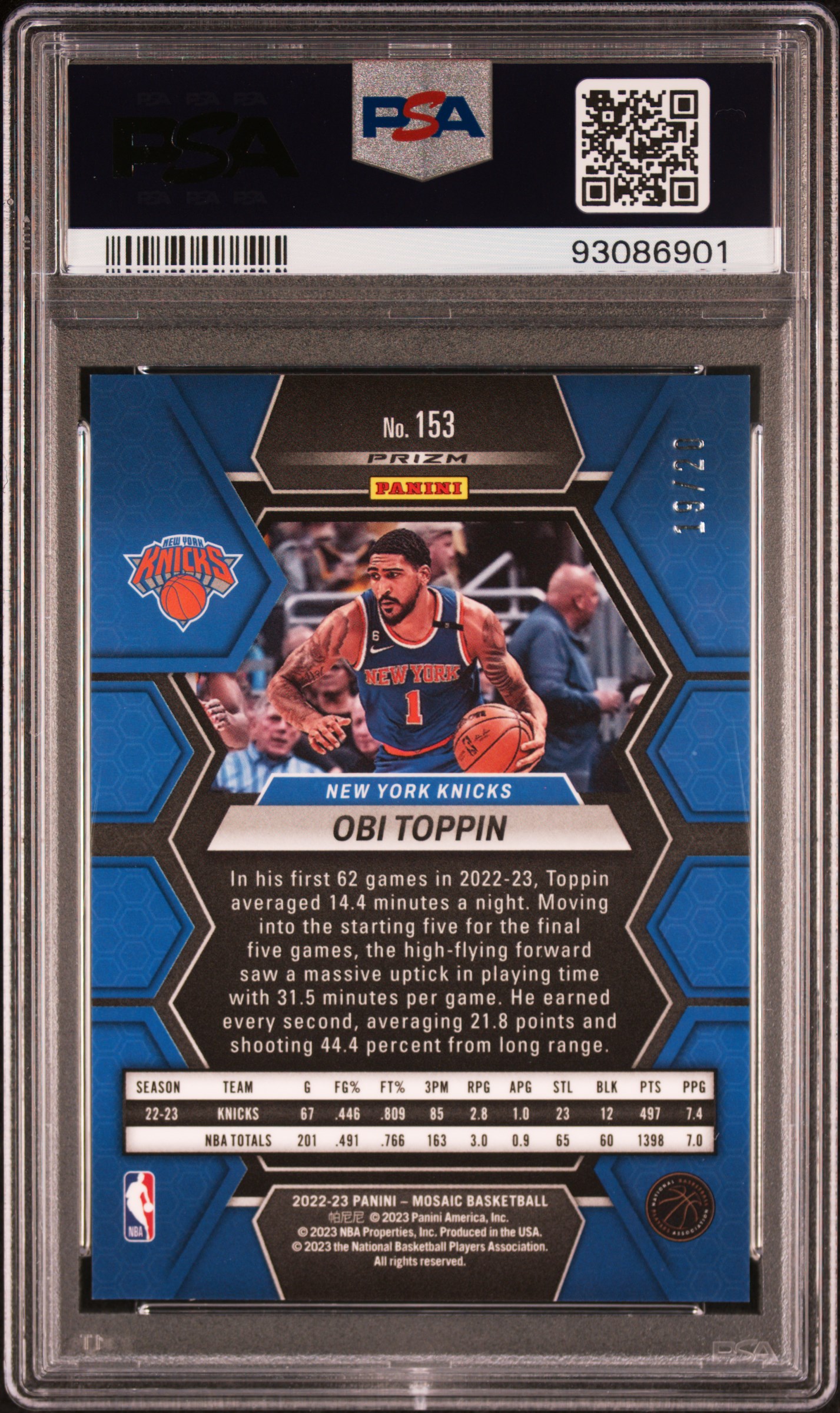 2022 Panini Mosaic Obi Toppin #153 (Pink Fast Break) Gem Mt 10 back