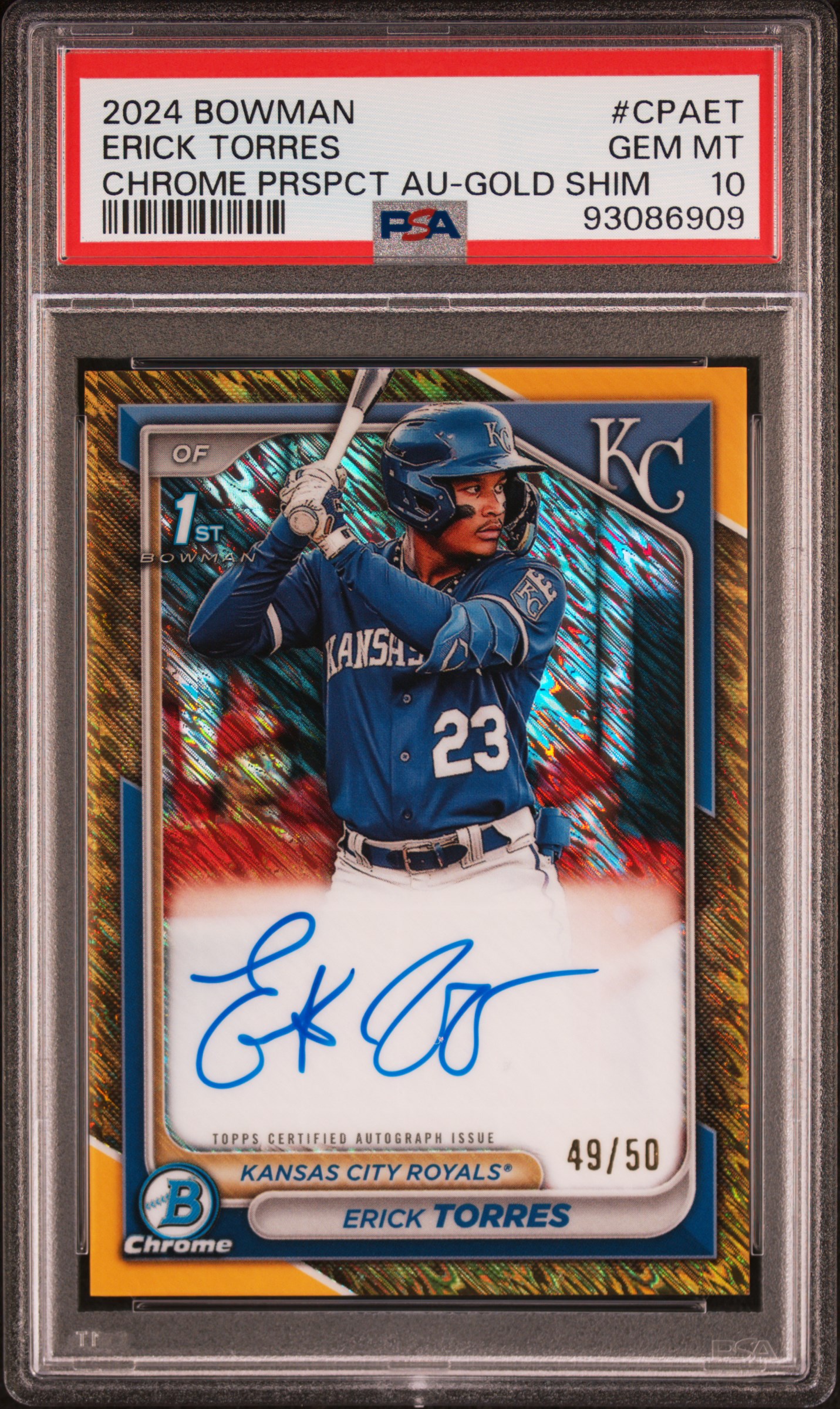2024 Bowman Chrome Prospect Autographs Erick Torres #Cpaet (Chr Prospect Au-Gold Shim) Gem Mt 10 front