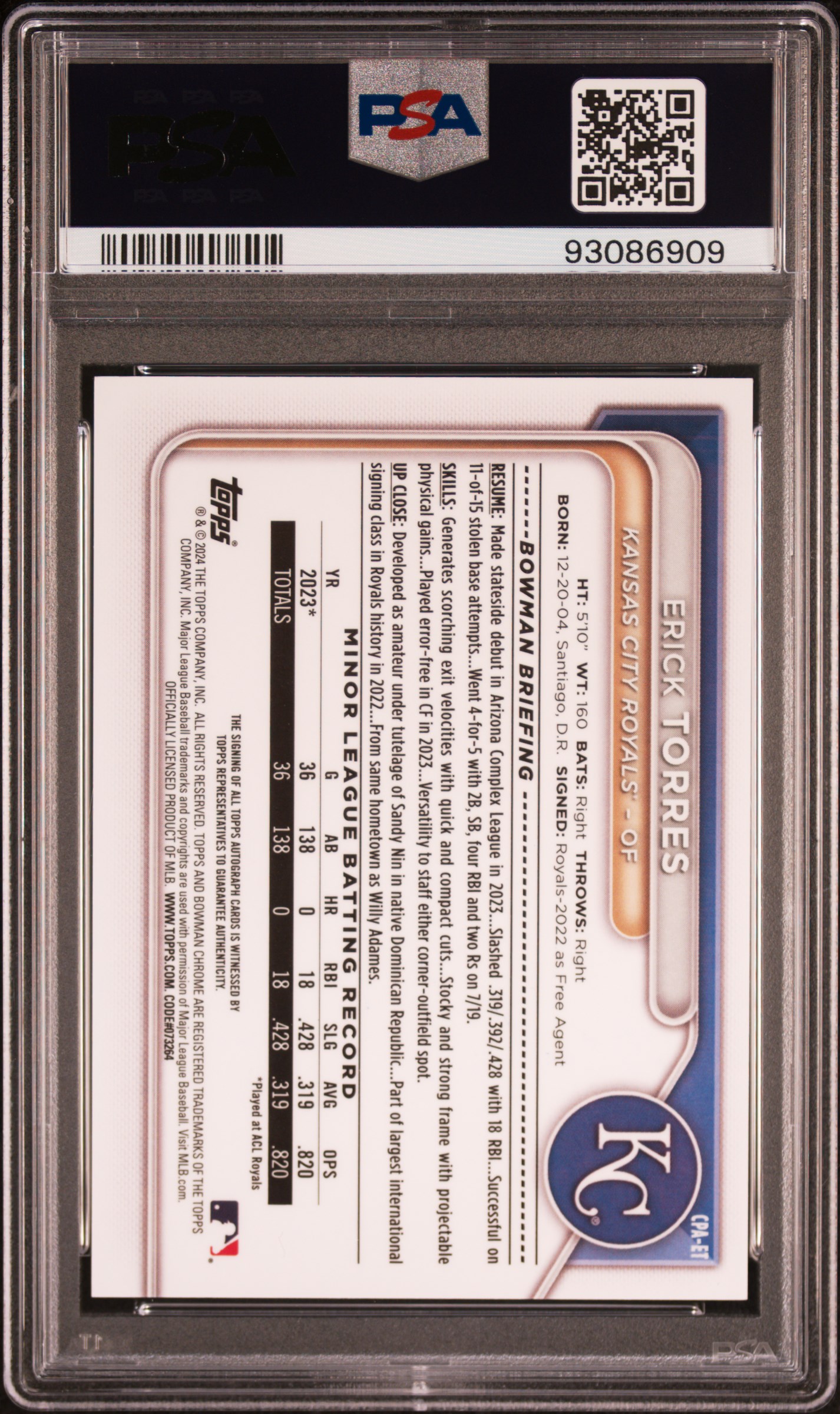 2024 Bowman Chrome Prospect Autographs Erick Torres #Cpaet (Chr Prospect Au-Gold Shim) Gem Mt 10 back