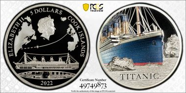 2022 $5 Titanic - Colorized Ag High Relief PR70DCAM