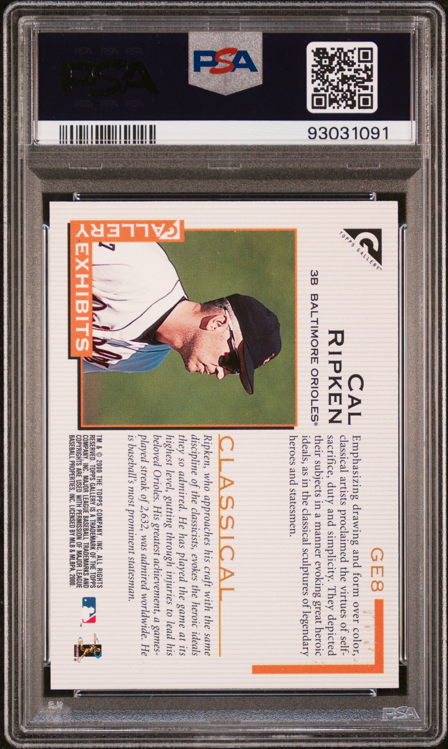 2000 Topps Gallery Gallery Exhibits Cal Ripken Jr. #Ge8 (Gallery Exhibits) Gem Mt 10 back