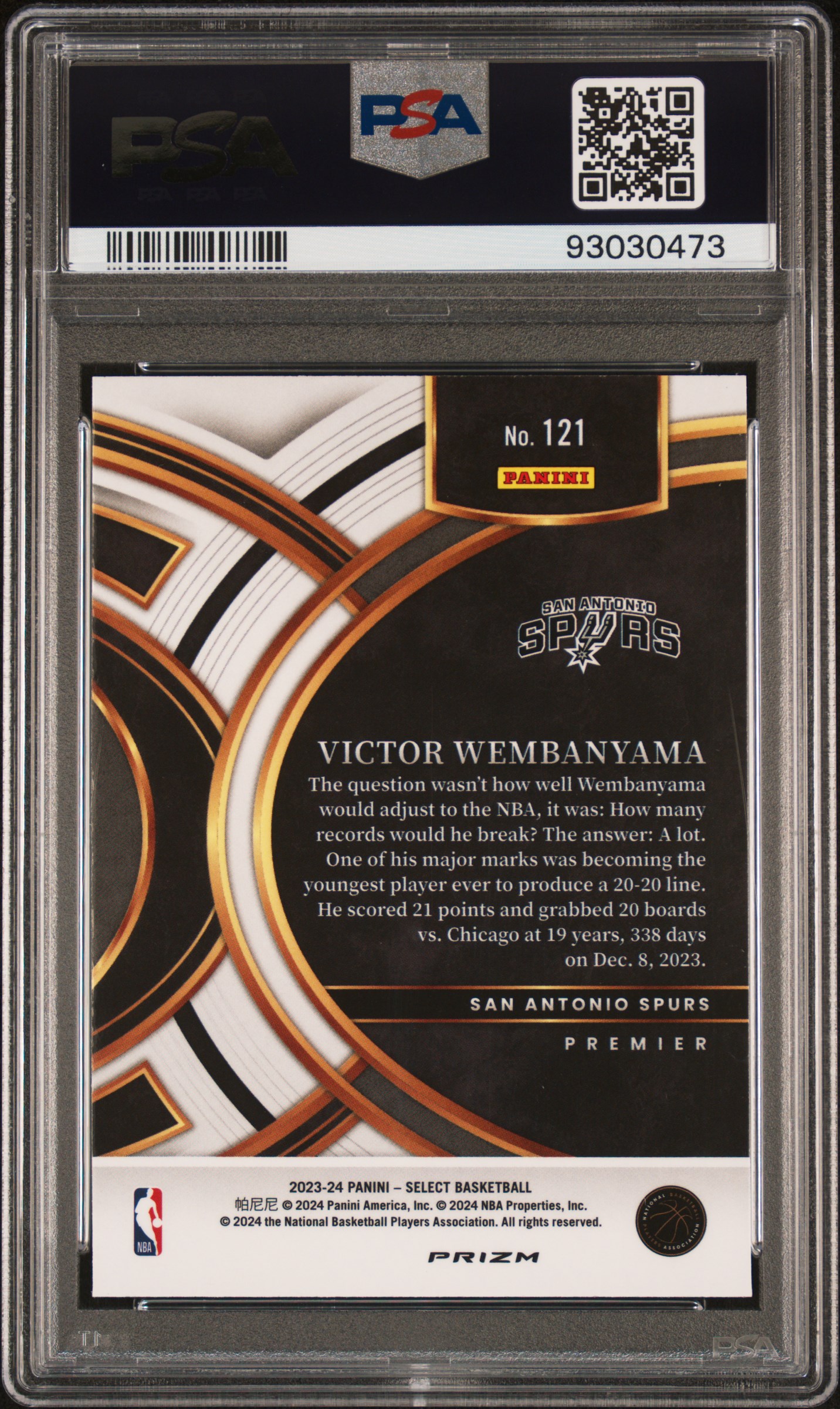 2023 Panini Select Victor Wembanyama #121 (Silver Prizm) Gem Mt 10 back