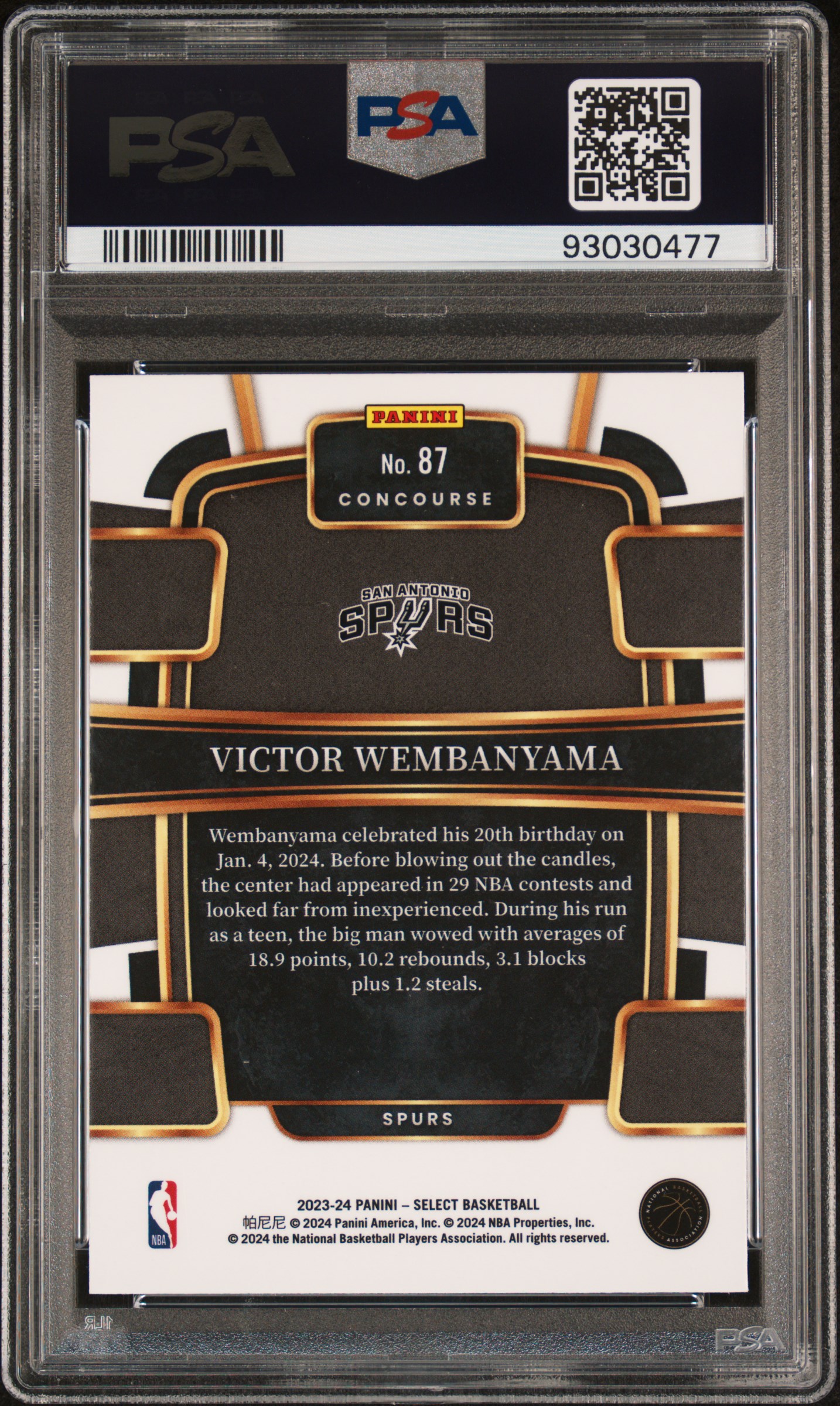 2023 Panini Select Victor Wembanyama #87 (Blue) Gem Mt 10 back