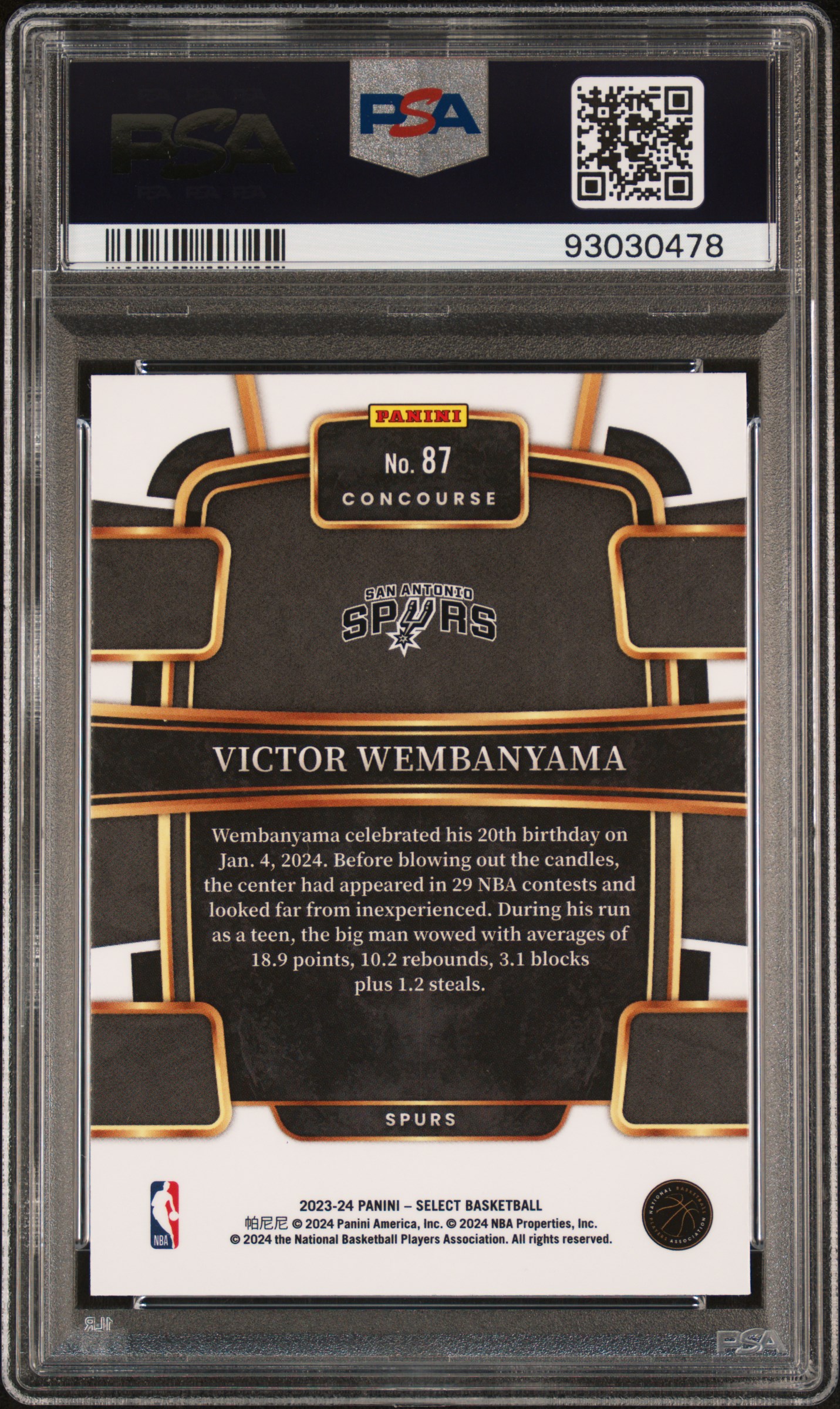 2023 Panini Select Victor Wembanyama #87 (Blue) Gem Mt 10 back