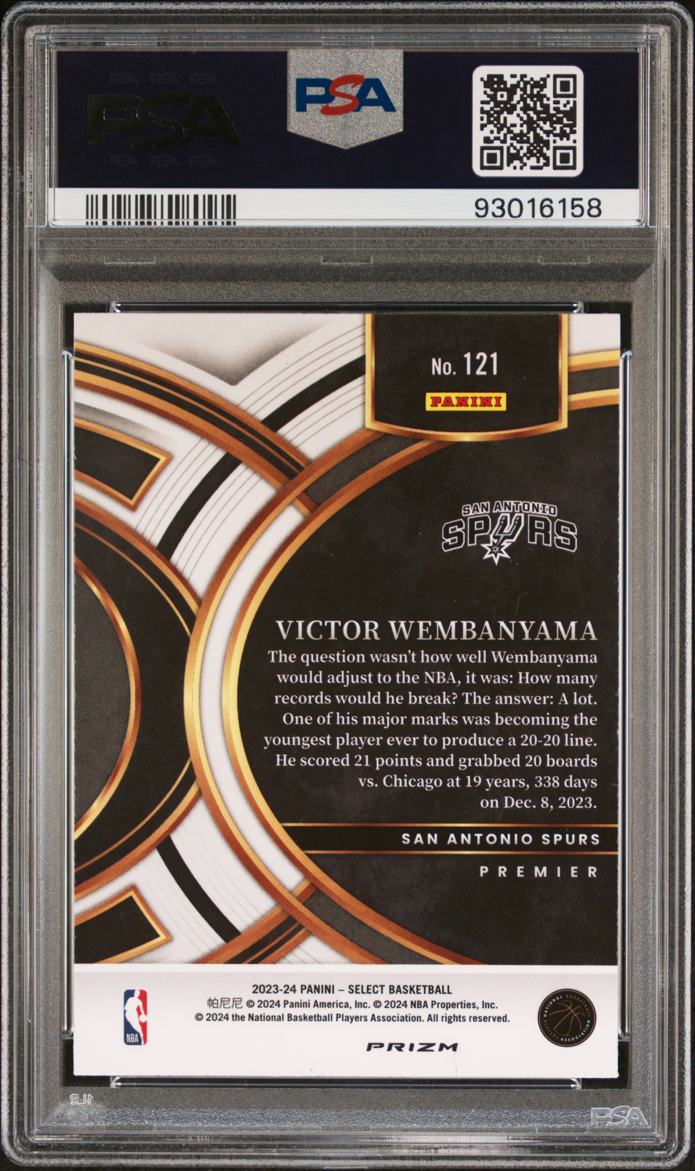 2023 Panini Select Victor Wembanyama #121 (Blue Cracked Ice) Gem Mt 10 back