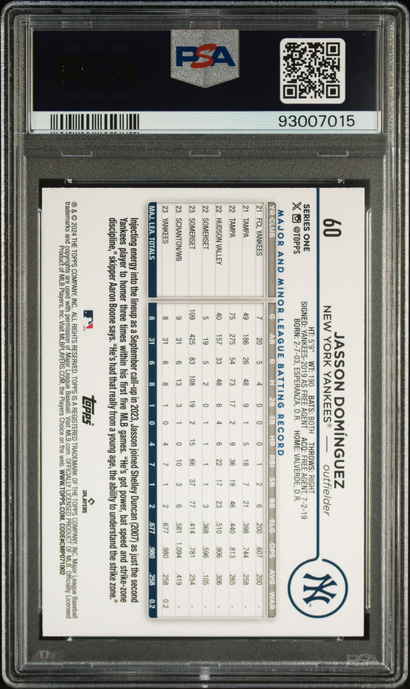 2024 Topps Jasson Dominguez #60 (Gold Foil) Gem Mt 10 back