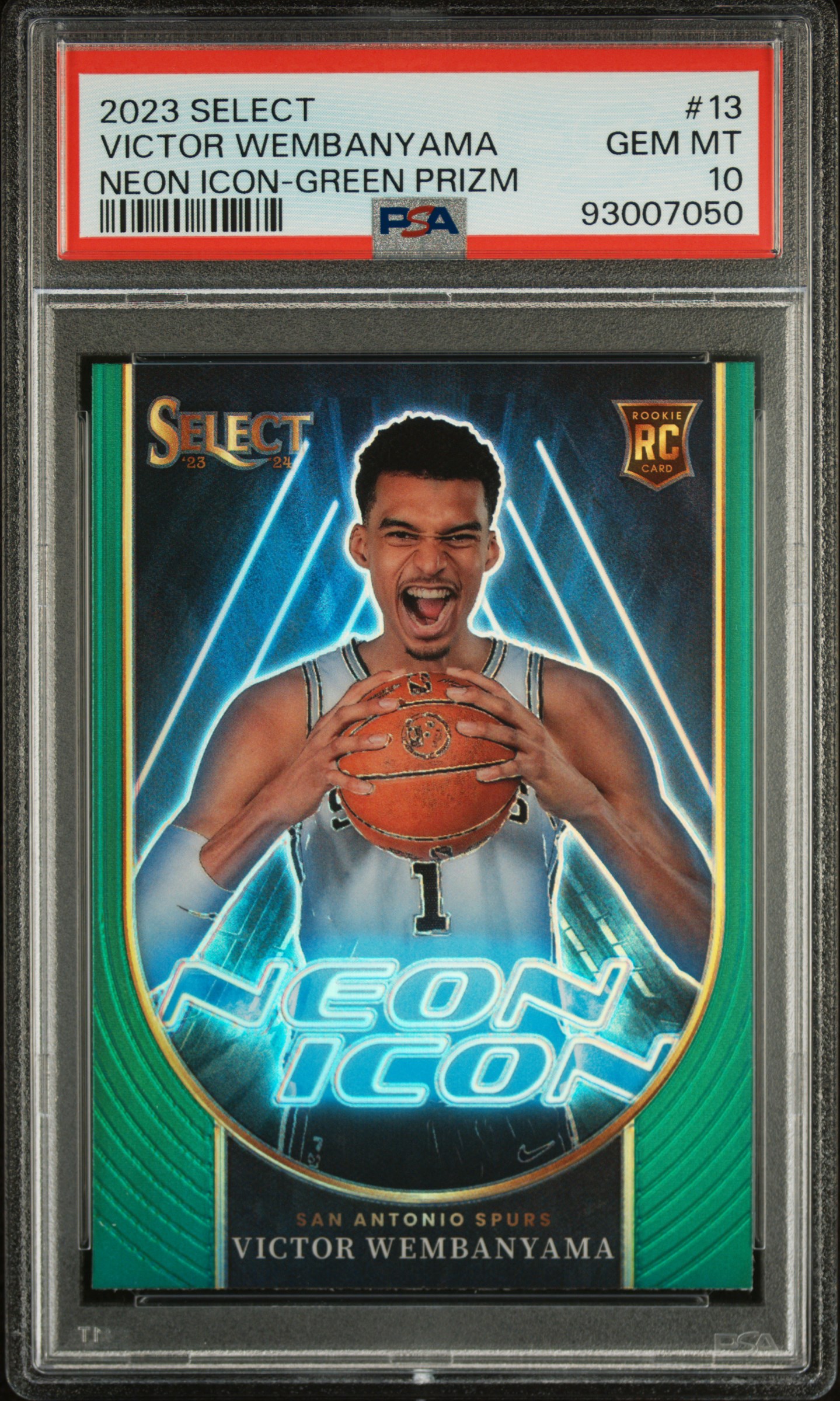 2023 Panini Select Neon Icon Victor Wembanyama #13 (Neon Icon-Green Prizm) Gem Mt 10 front