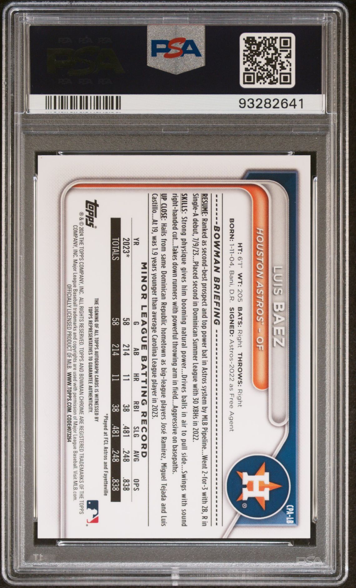 2024 Bowman Chrome Prospect Autographs Luis Baez #Cpalb (Chr Prospect Au-Green Shim) Mint 9 back