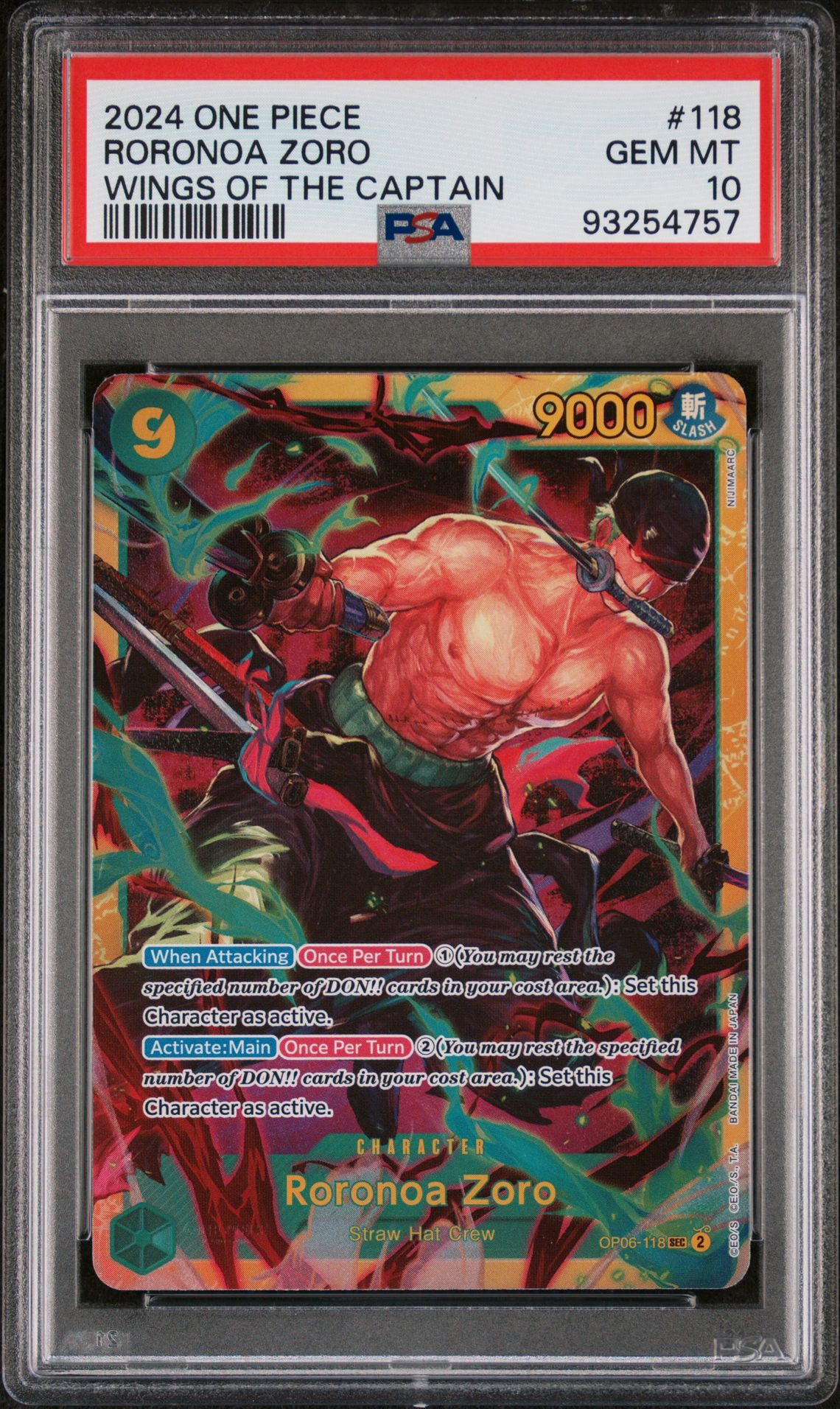 2024 One Piece ONE PIECE OP06-WINGS OF THE CAPTAIN ALTERNATE ART #118 Roronoa Zoro front