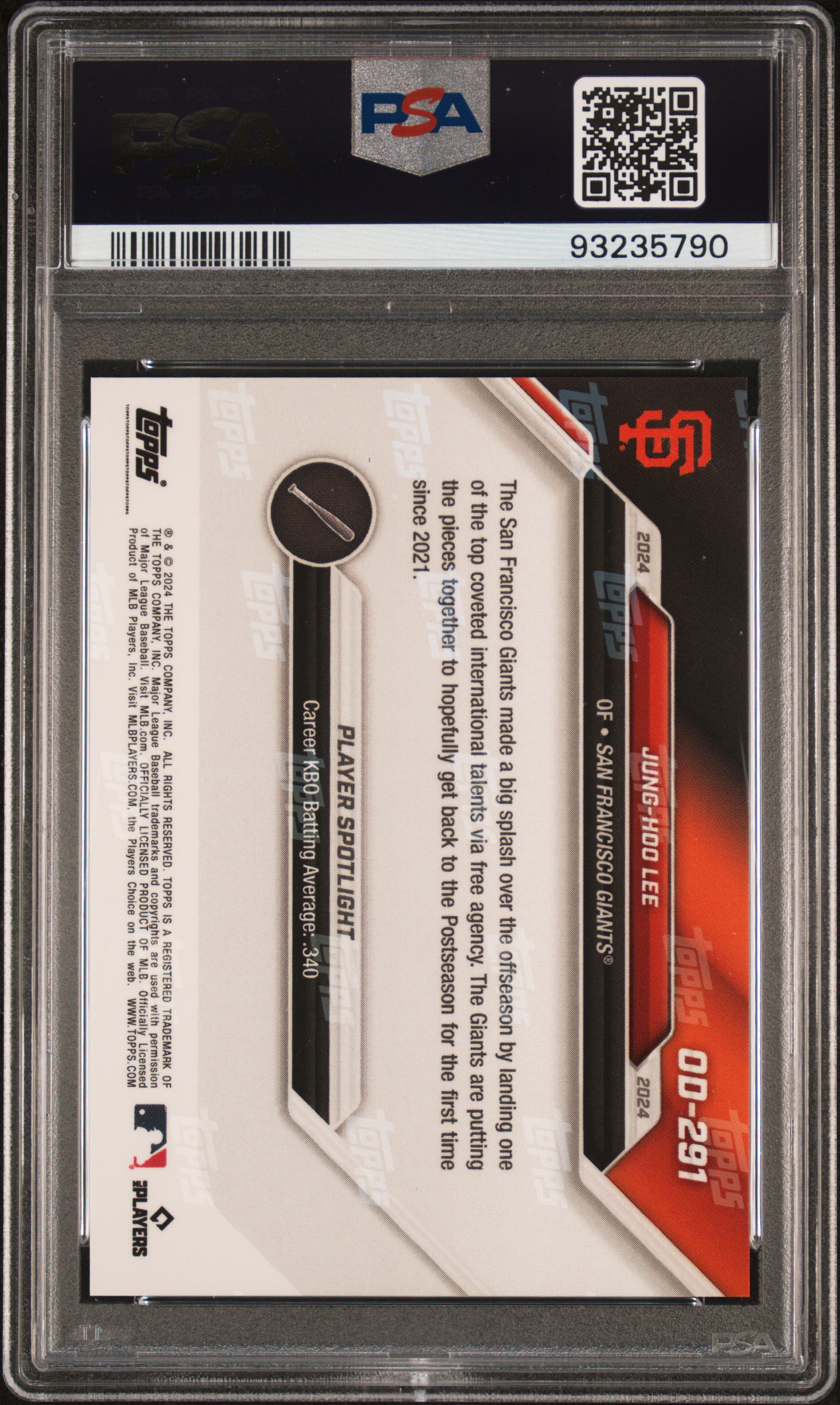 2024 Topps Now Road To Opening Day Jung-Hoo Lee #Od291 (Road To Opening Day-Orange) Gem Mt 10 back