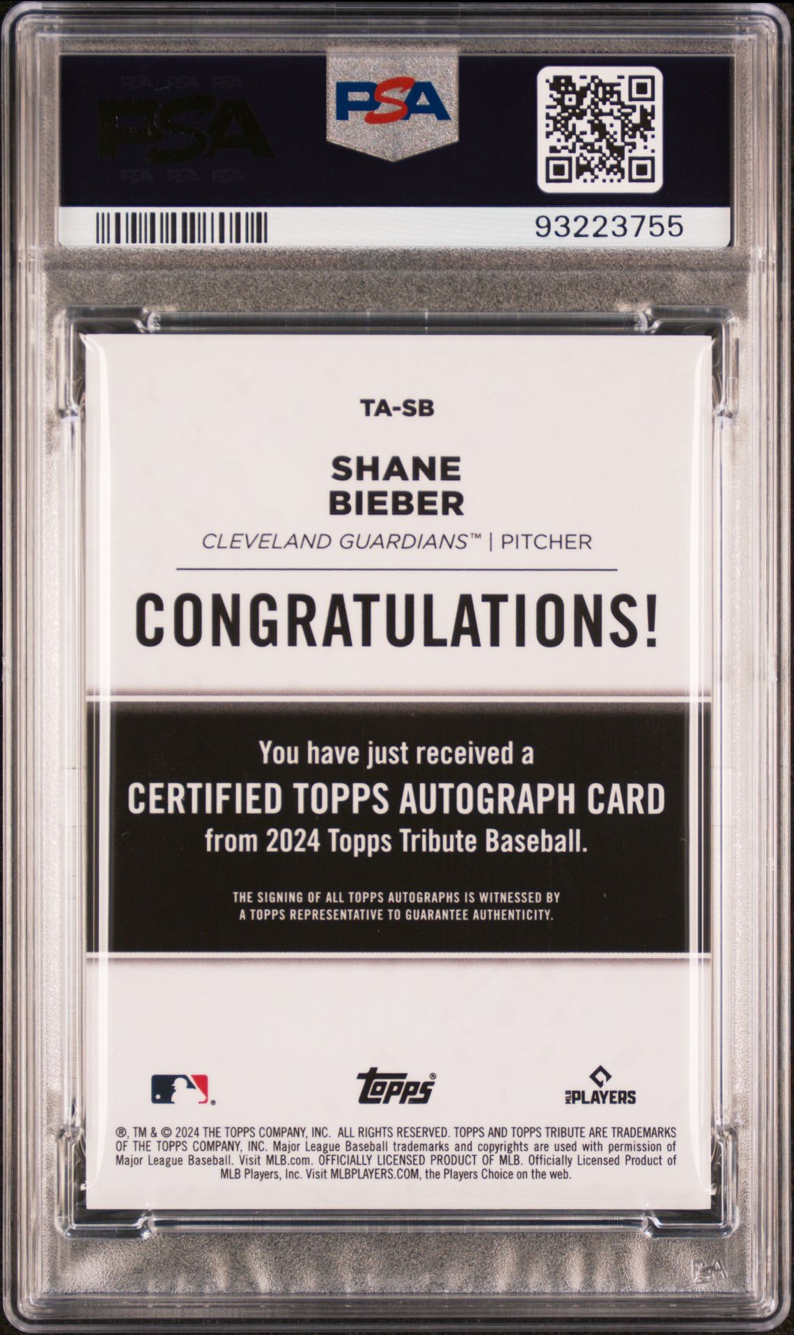 2024 Topps Tribute Tribute Autographs Shane Bieber #Tasb (Autograph-Blue) Gem Mt 10 back