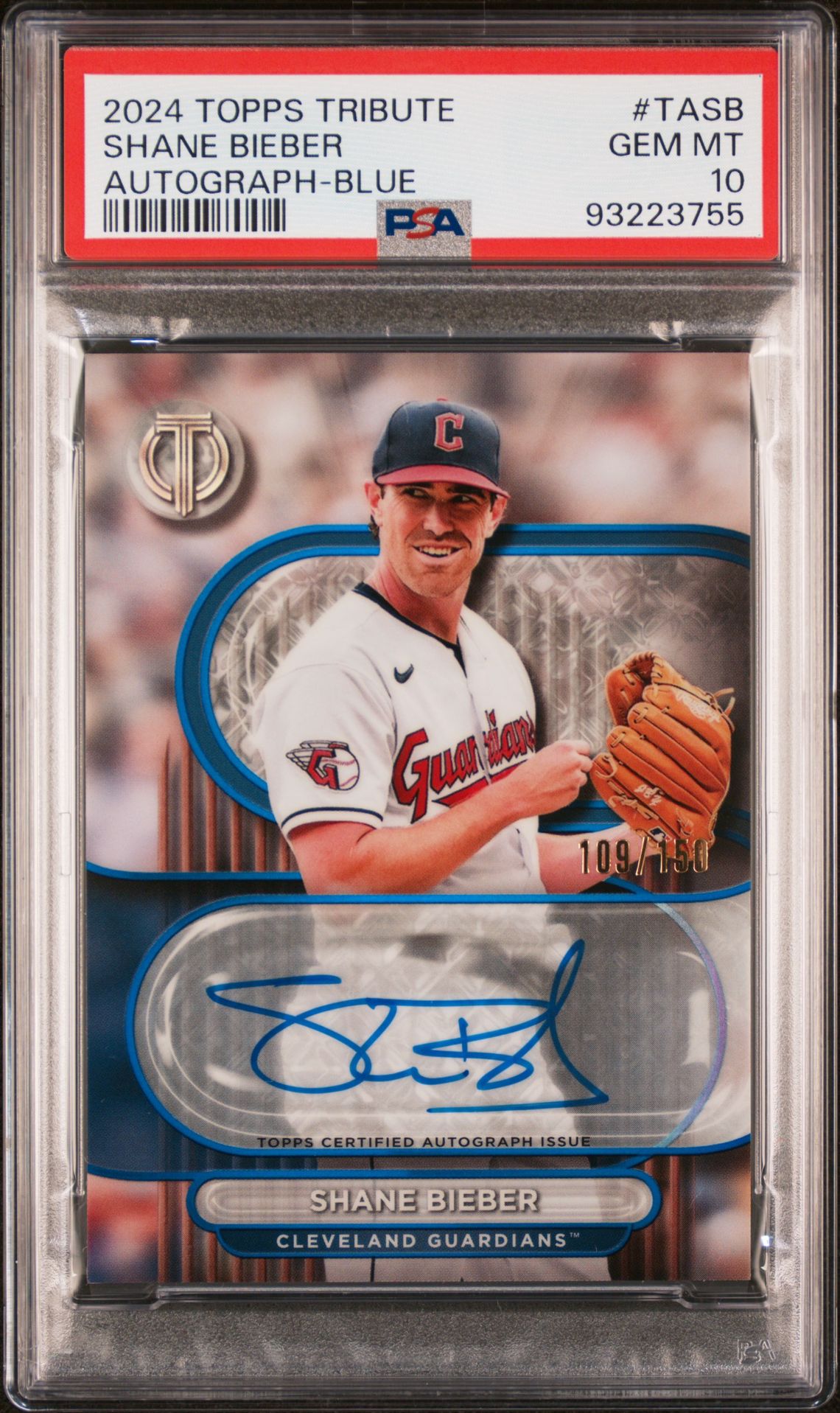 2024 Topps Tribute Tribute Autographs Shane Bieber #Tasb (Autograph-Blue) Gem Mt 10 front
