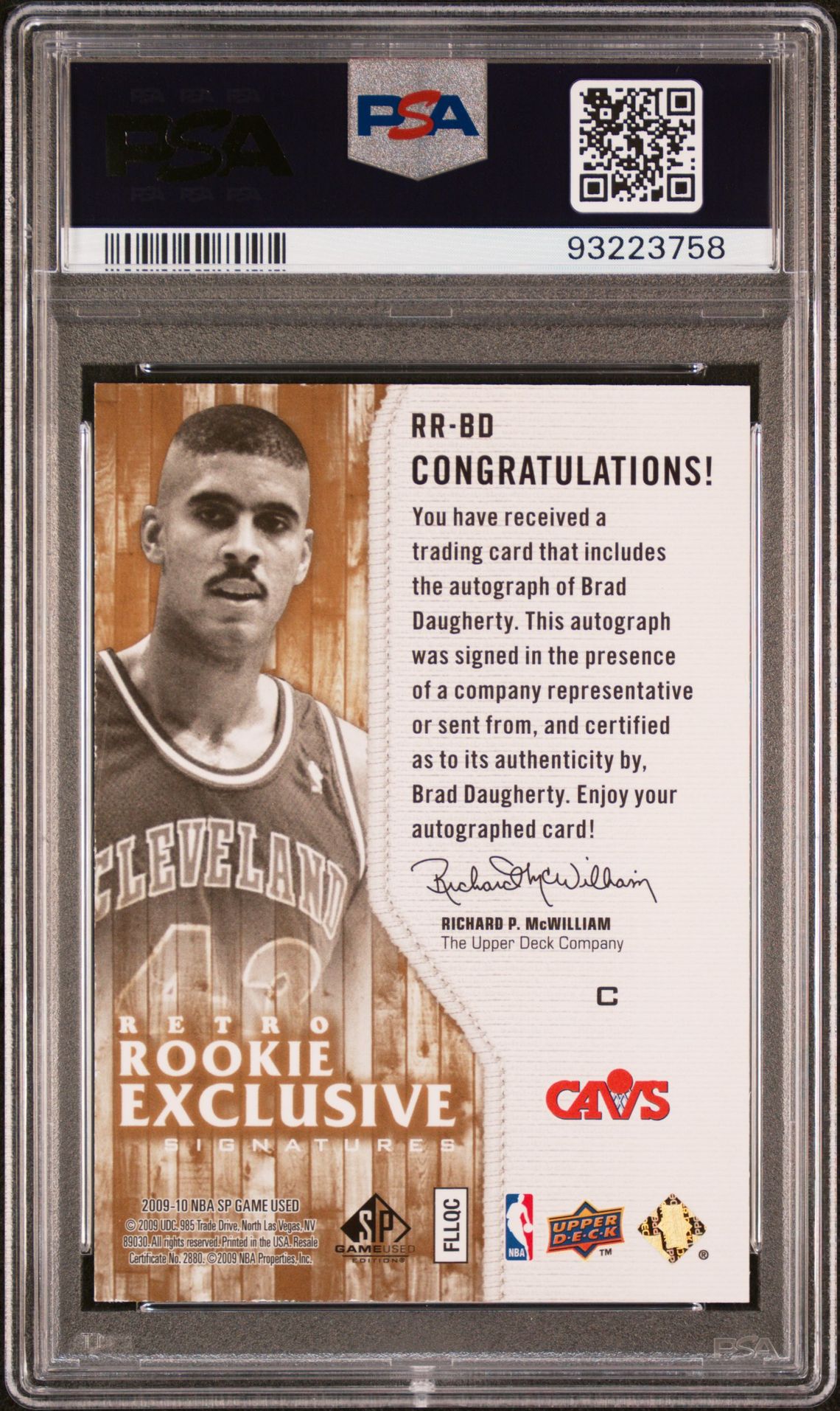 2009 Sp Game Used Retro Rookie Exclusive Signatures Brad Daugherty #Rr-Bd (Retro Rookie Exc. Sigs.) Mint 9 back