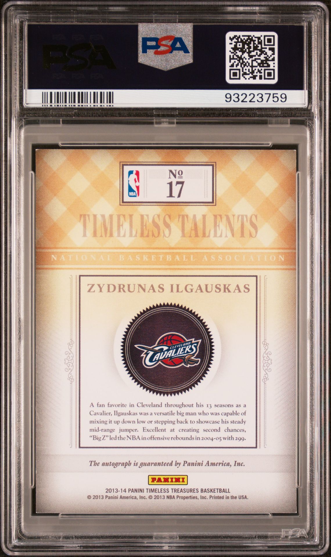 2013 Panini Timeless Treasures Timeless Talents Autographs Zydrunas Ilgauskas #17 (Timeless Tlnts.auto-Ruby) Mint 9 back