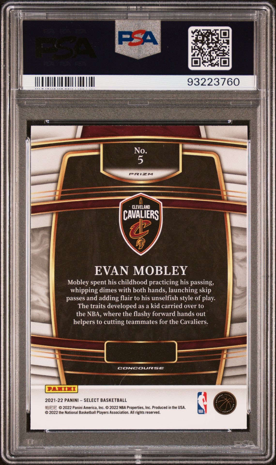 2021 Panini Select Evan Mobley #5 (Blue Prizm) Gem Mt 10 back view - PSA certificate #93223760
