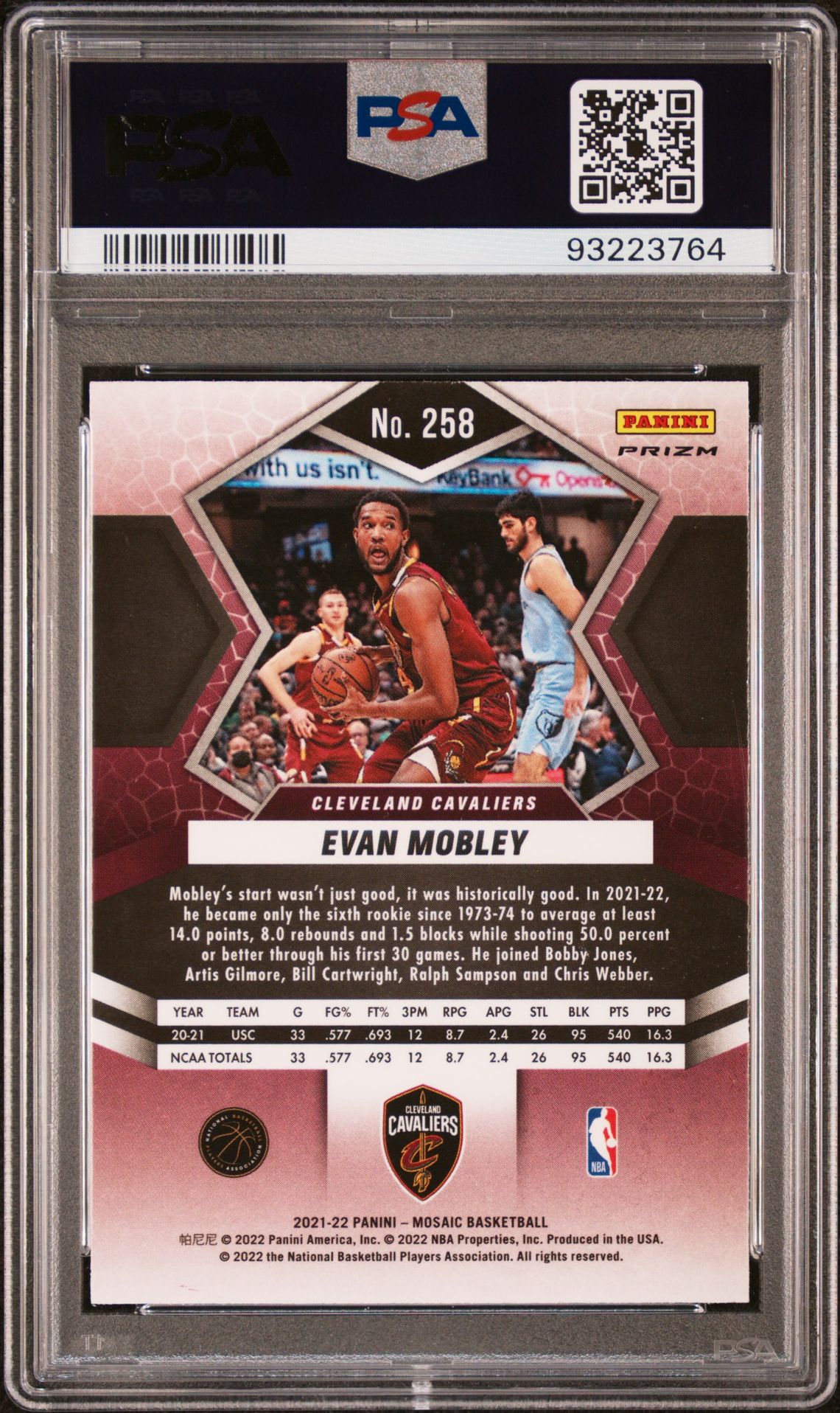 2021 Panini Mosaic Evan Mobley #258 (Red Mosaic) Gem Mt 10 back view - PSA certificate #93223764