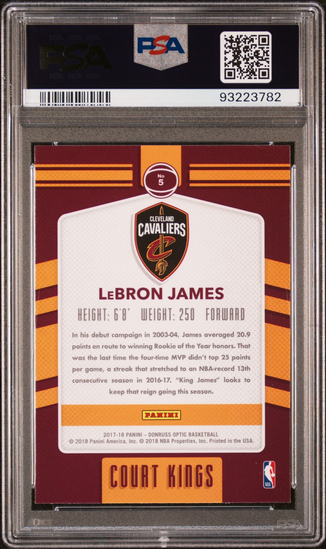 2017 Panini Donruss Optic Court Kings Lebron James #5 (Court Kings) Gem Mt 10 back view - PSA certificate #93223782