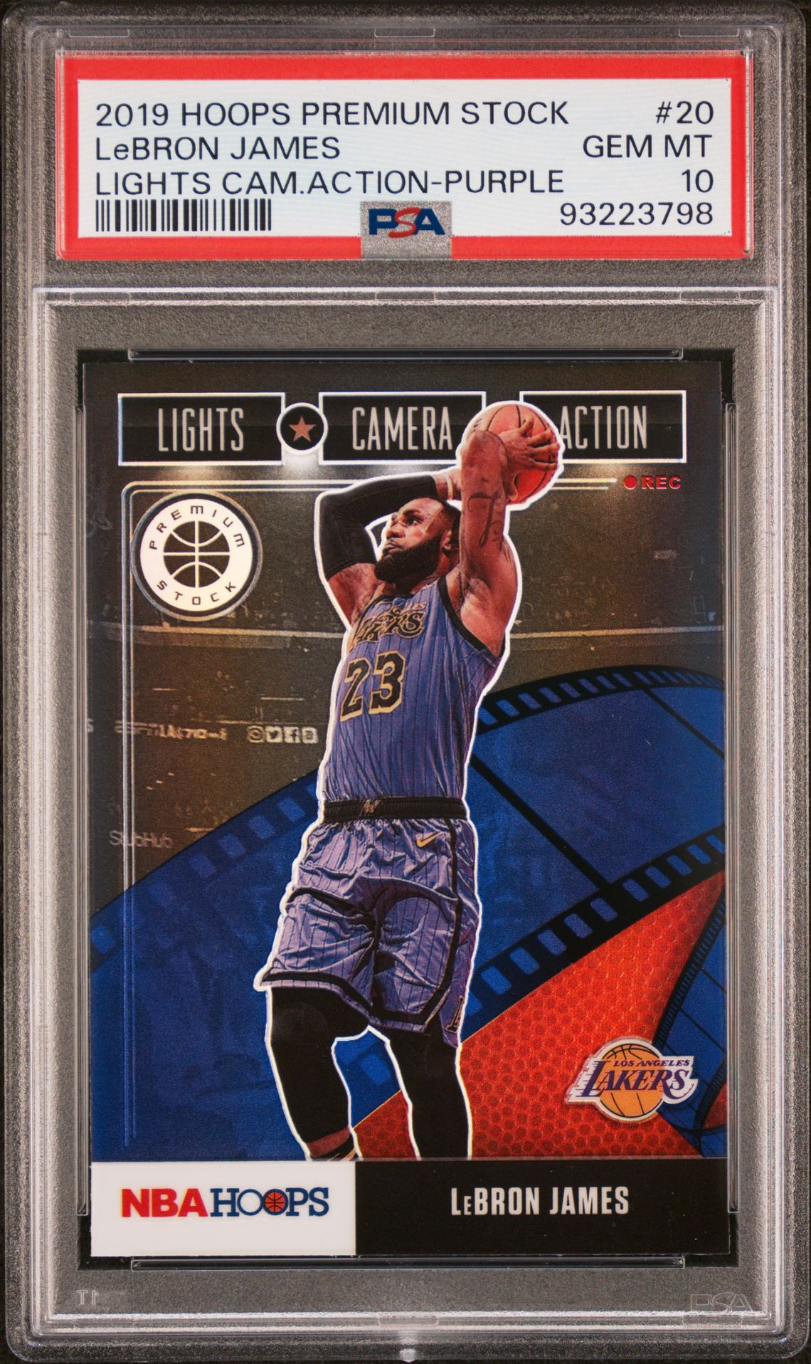 2019 Panini Hoops Premium Stock Lights Camera Action Lebron James #20 (Lights Cam.action-Purple) Gem Mt 10 front