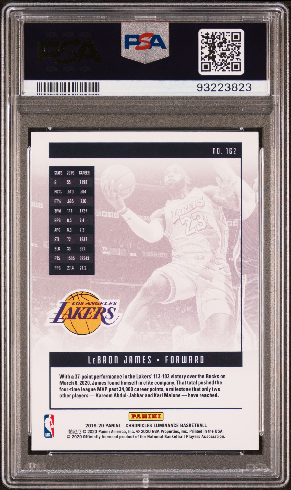 2019 Panini Chronicles Lebron James #162 Gem Mt 10 back view - PSA certificate #93223823