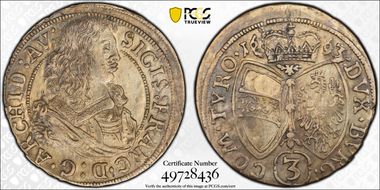 1663 3 Kr KM-1209 Hall AU58