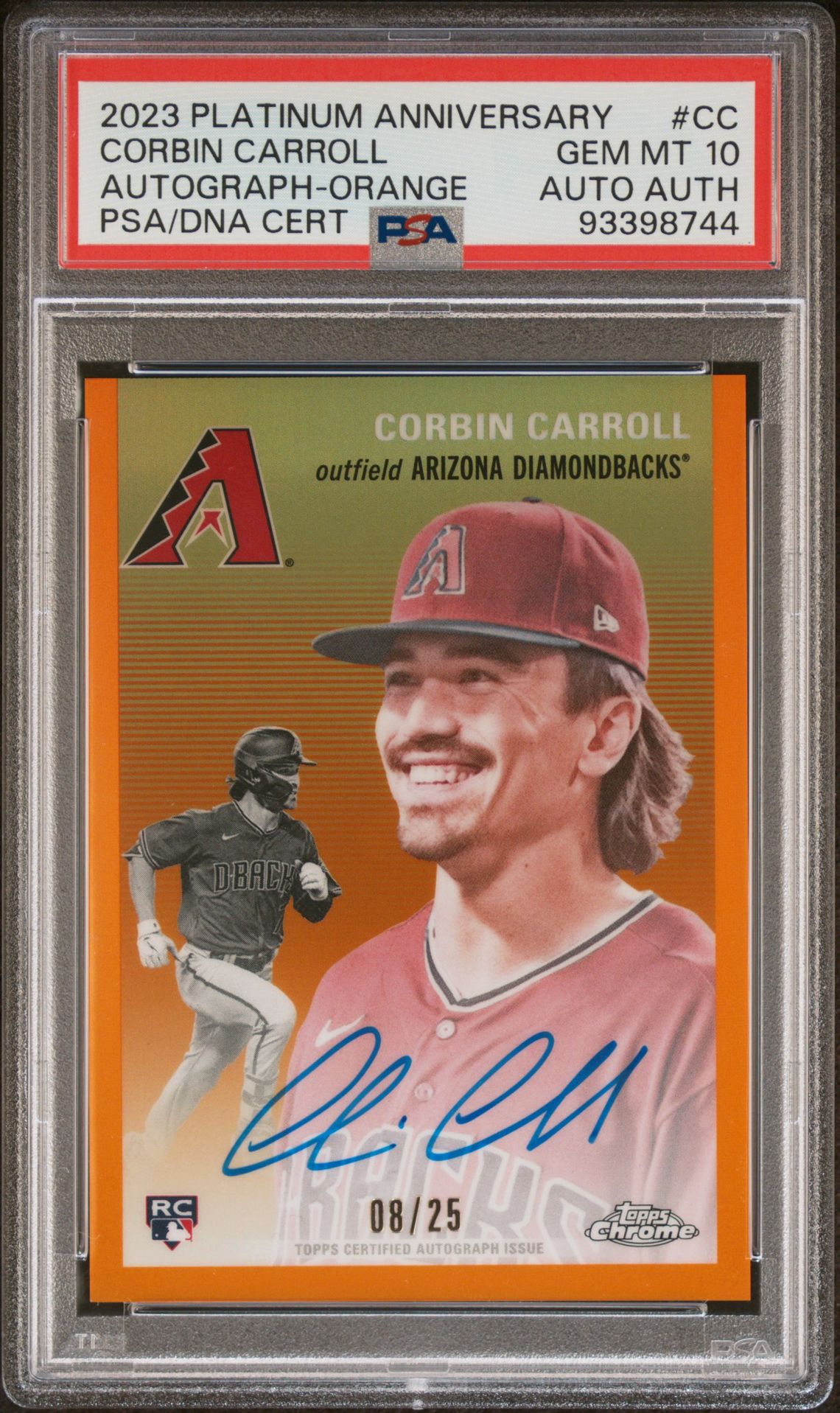 2023 Topps TOPPS CHROME PLATINUM ANNIVERSARY AUTOGRAPHS ORANGE REFCertificationPrimary Signer (1 Signer)CORBIN CARROLL #CC Corbin Carroll front