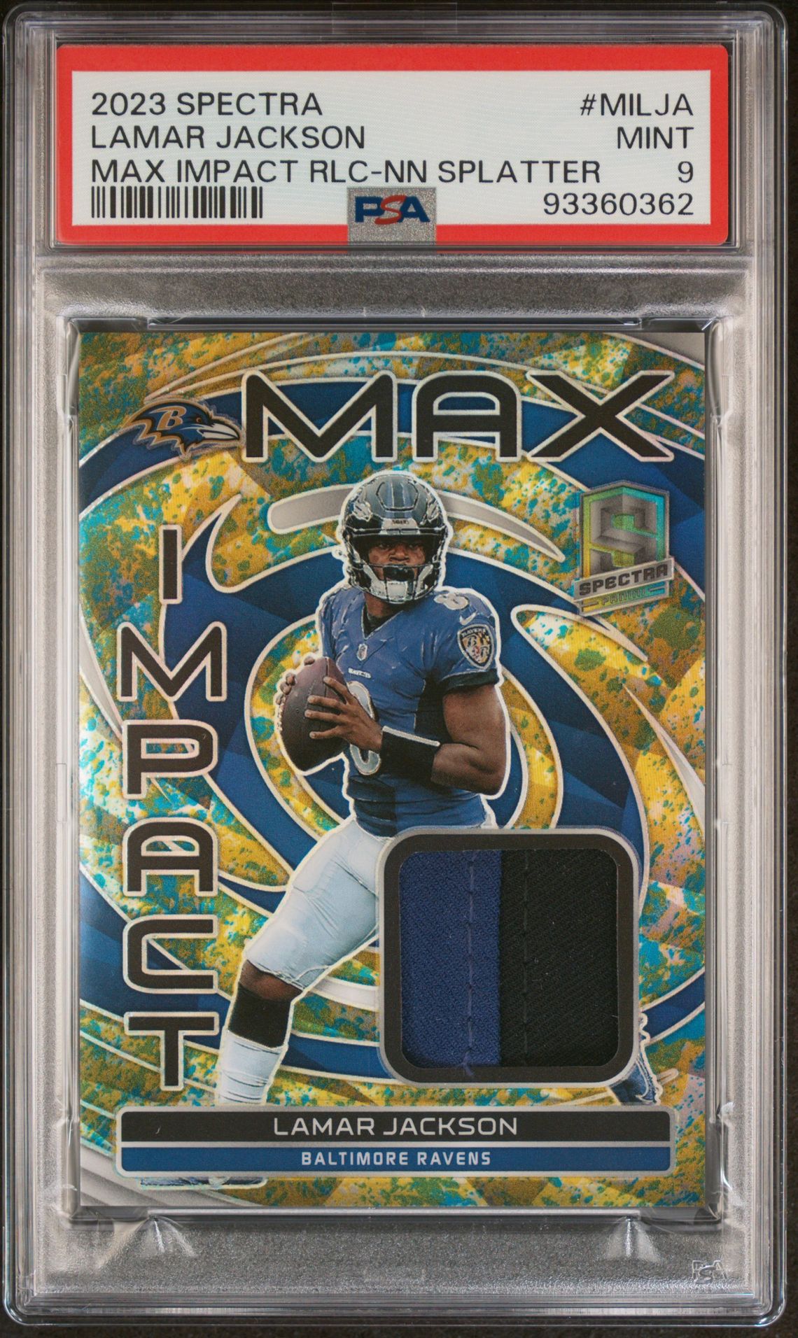 2023 Panini Spectra Max Impact Relics Lamar Jackson #Milja (Max Impact Rlc-Nn Splatter) Mint 9 front
