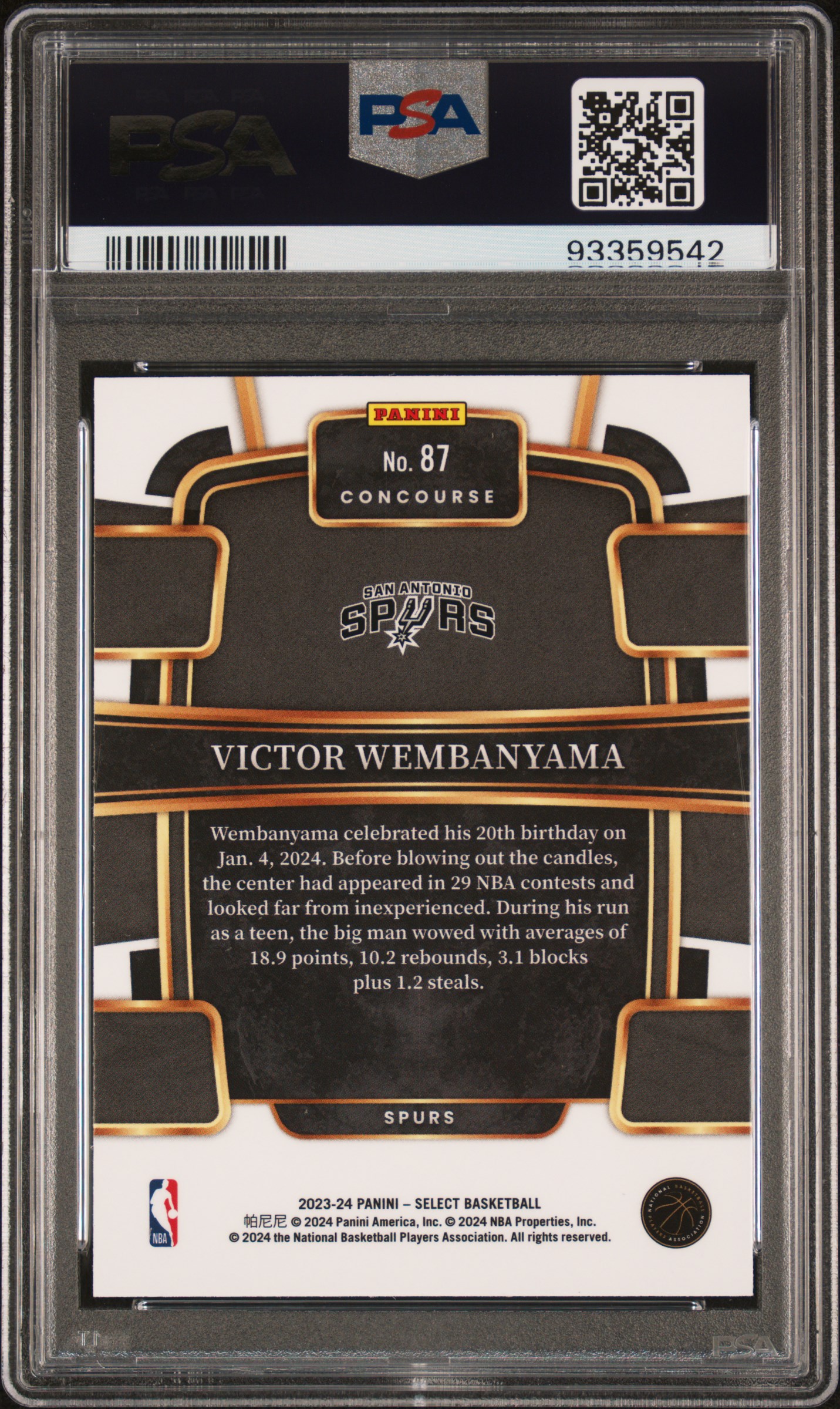 2023 Panini Select Victor Wembanyama #87 Gem Mt 10 back