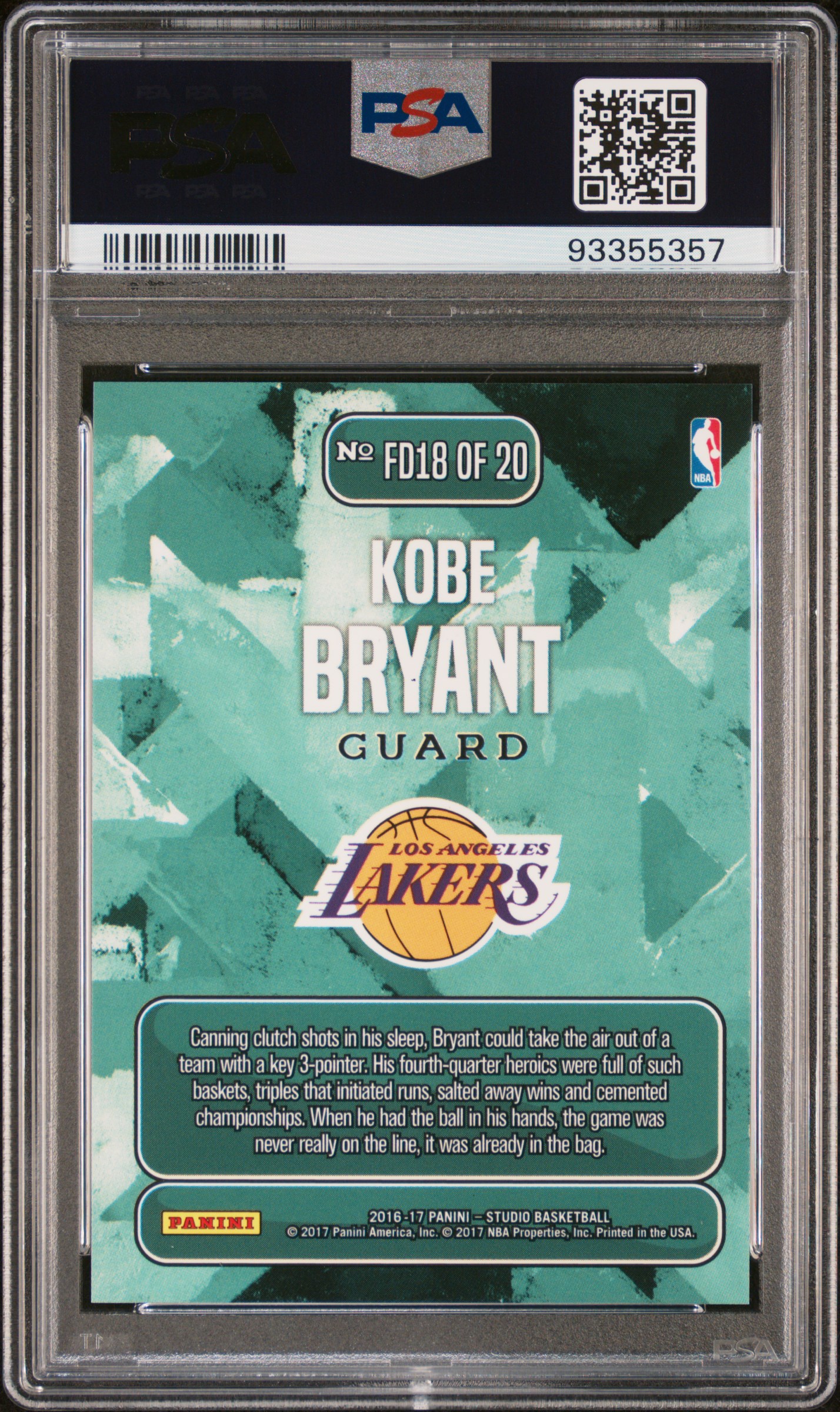 その他 Kobe Bryant studio from downtown PutItOnMySlab's 2016 Studio Kobe Bryant From Downtown #FD18 PSA 10