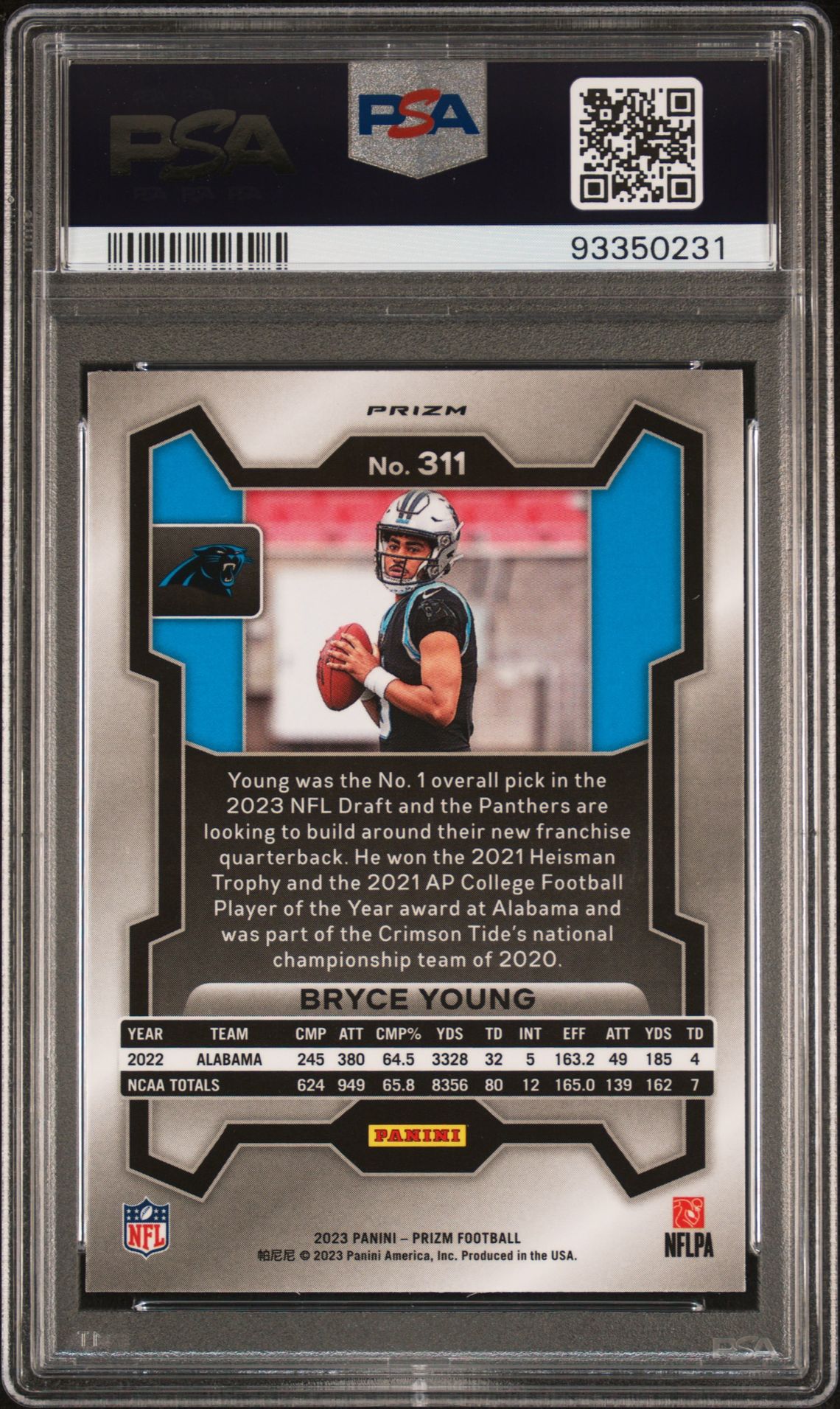 2023 Panini Prizm Bryce Young #311 (Lazer Prizm) Gem Mt 10 back
