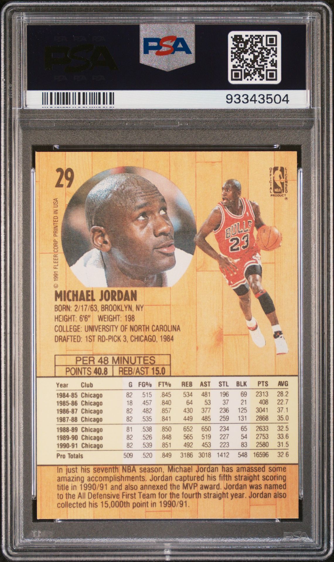 1991 Fleer Michael Jordan #29 Gem Mt 10 back