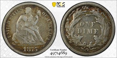 1875-CC 10C Mintmark Below Bow VF25