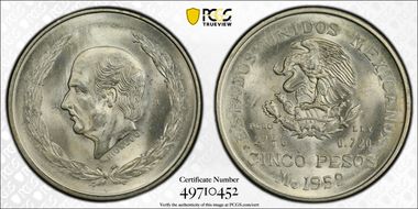 1952-Mo 5 Peso Hidalgo KM-467  Ag MS65