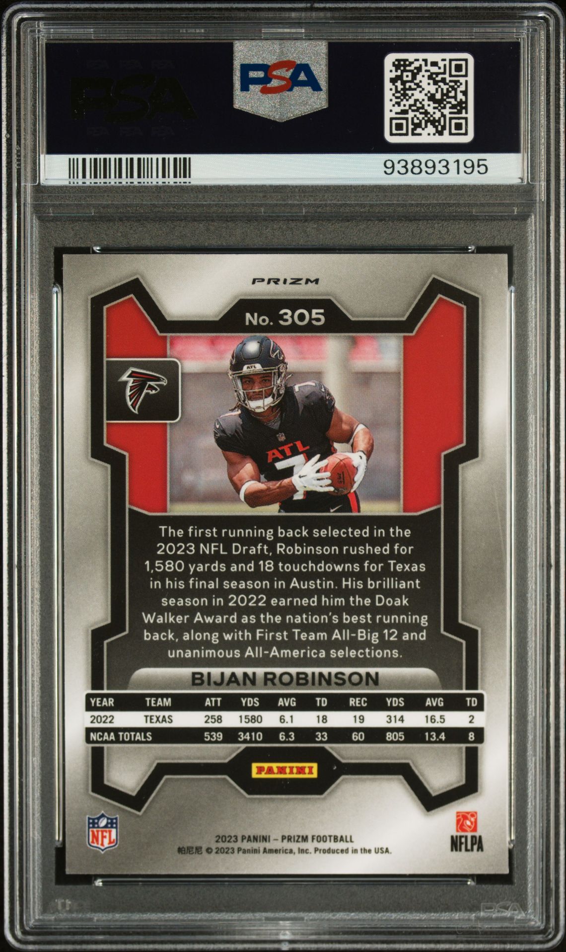 2023 Panini Prizm Bijan Robinson #305 (Disco Prizm) Mint 9 back