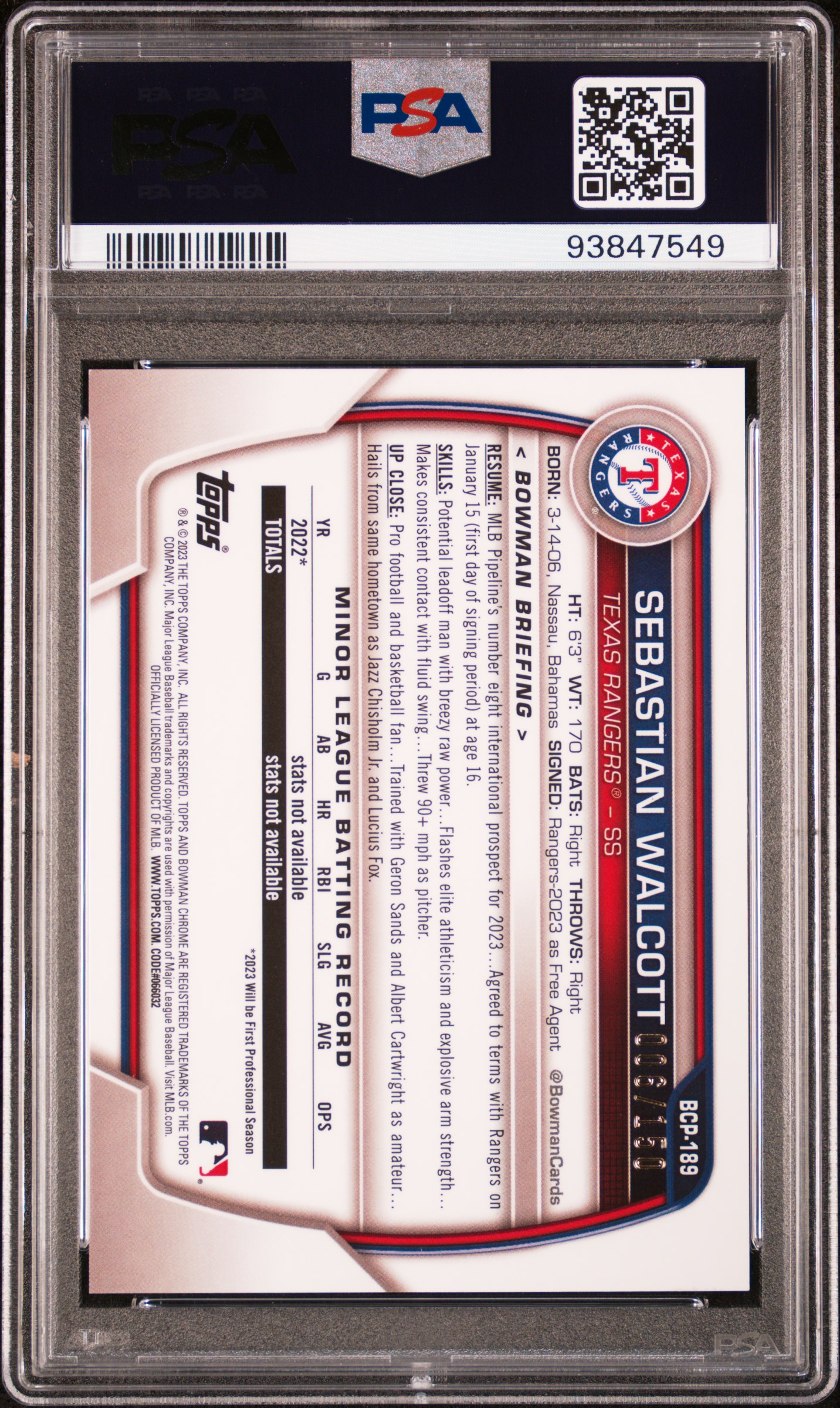 2023 Bowman Mega Box Chrome Sebastian Walcott #189 (Blue Refractor) Gem Mt 10 back