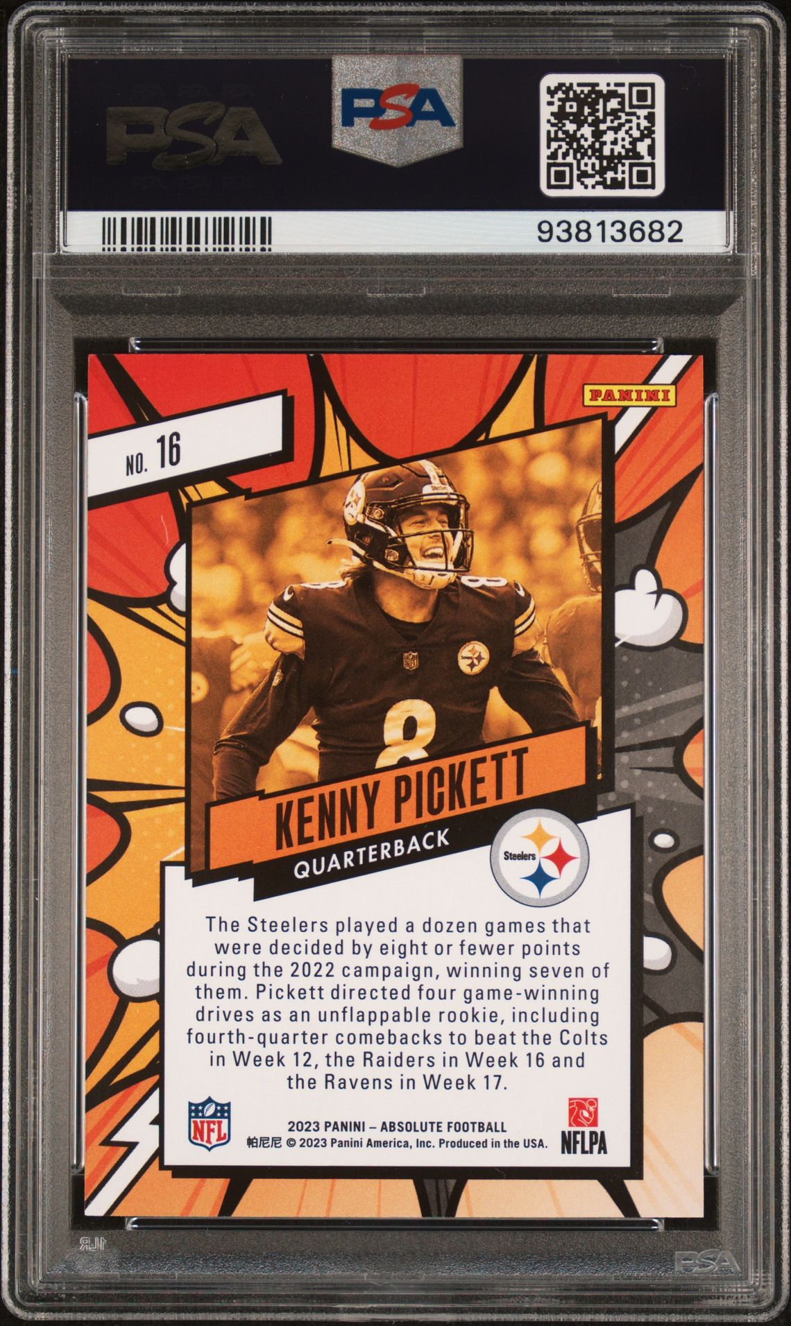 2023 Panini Absolute Explosive Kenny Pickett #16 Gem Mt 10 back view - PSA certificate #93813682